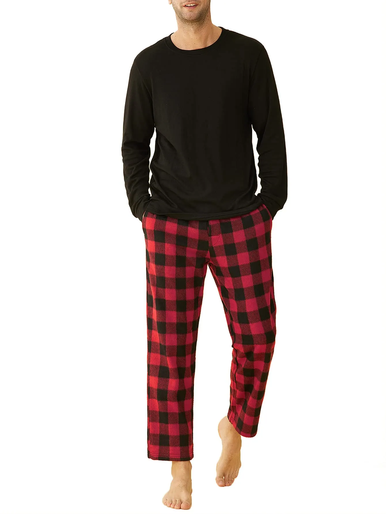 Men's Long Sleeves Top Fleece Plaid Pants Pajama Set