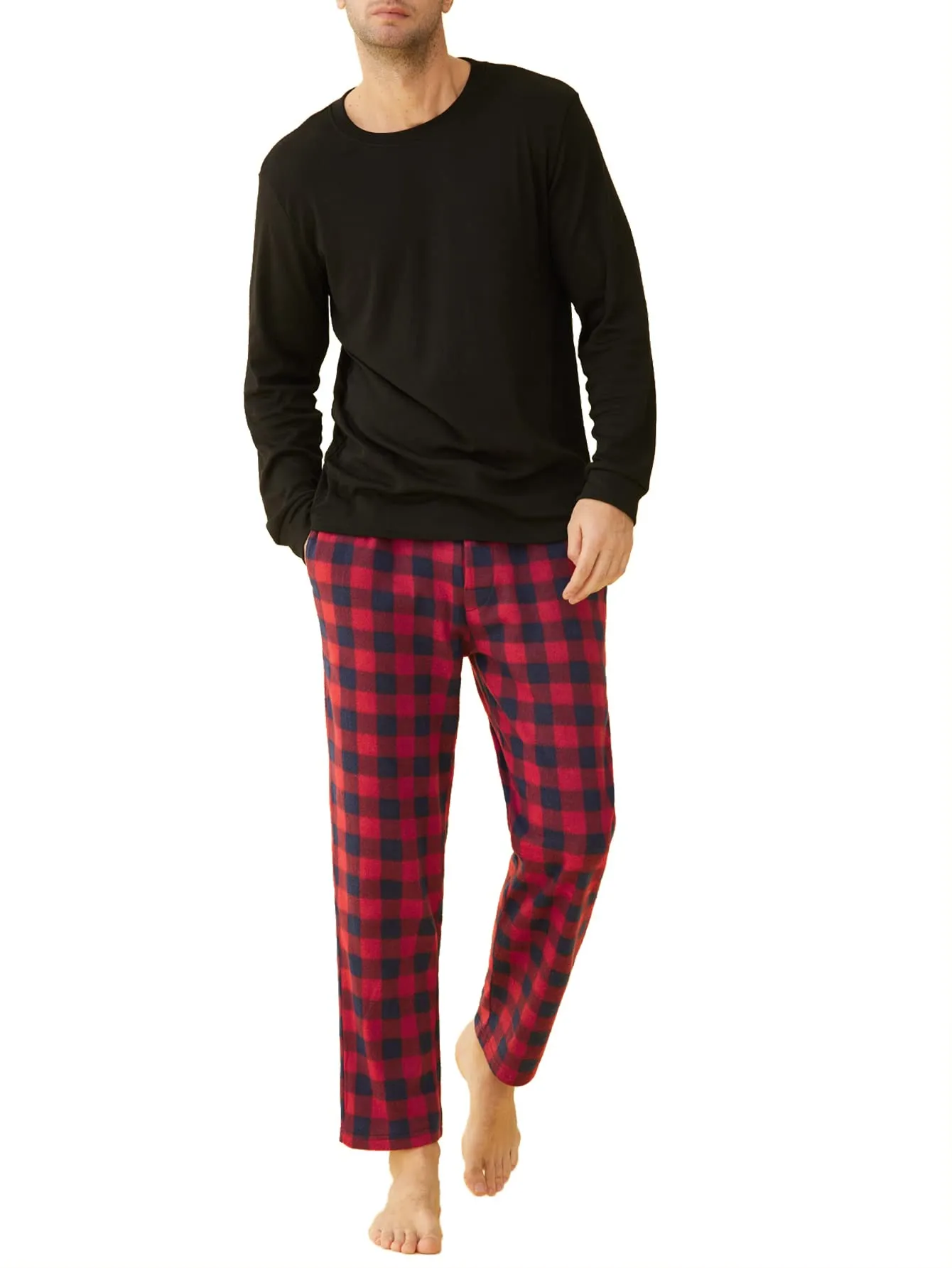 Men's Long Sleeves Top Fleece Plaid Pants Pajama Set