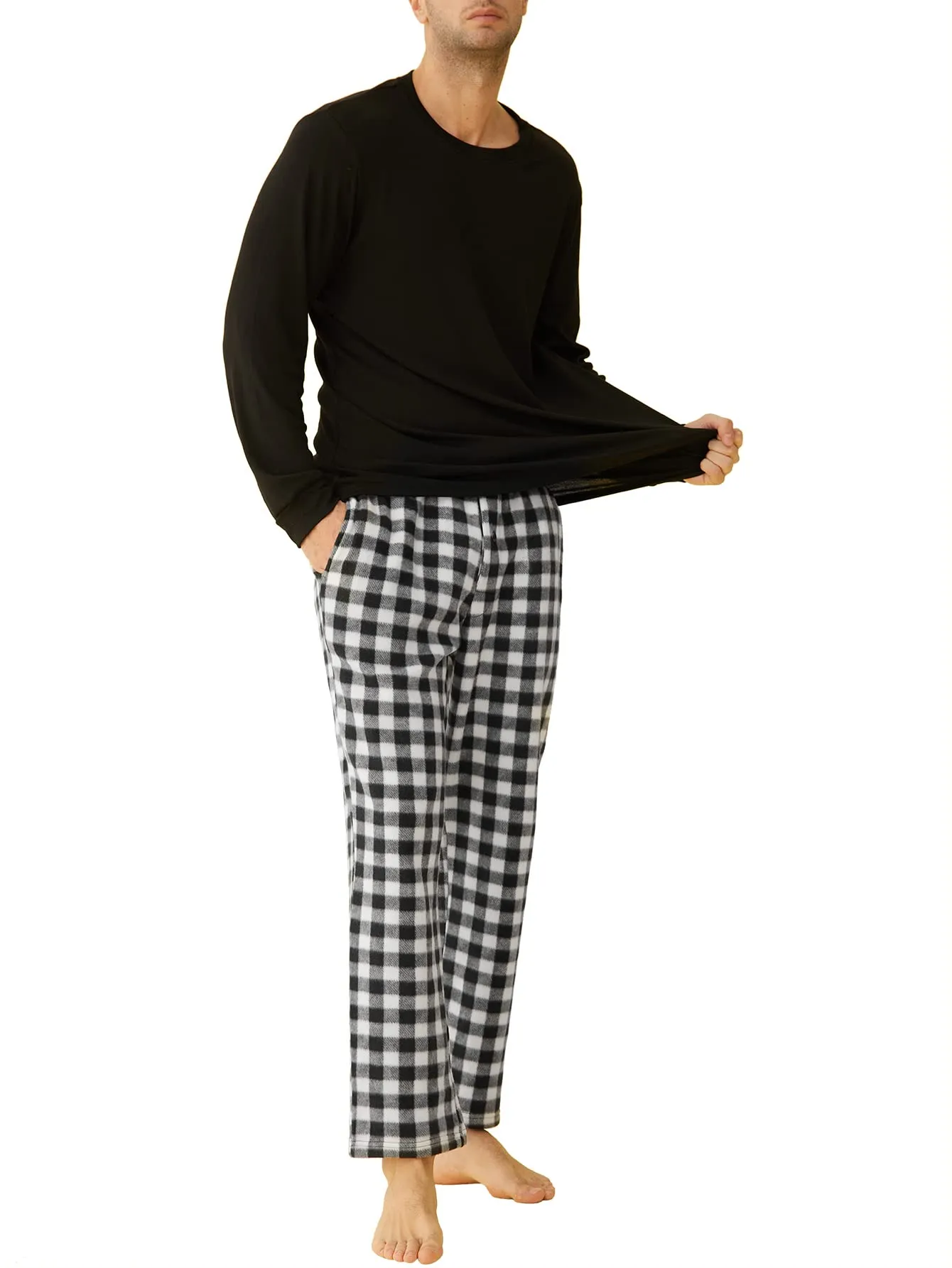 Men's Long Sleeves Top Fleece Plaid Pants Pajama Set