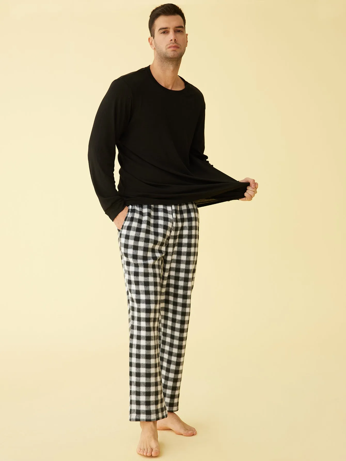 Men's Long Sleeves Top Fleece Plaid Pants Pajama Set