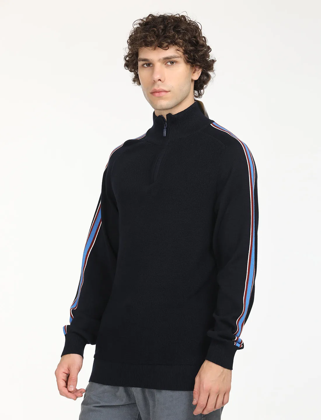 Men's Striped Navy High Neck Sweater