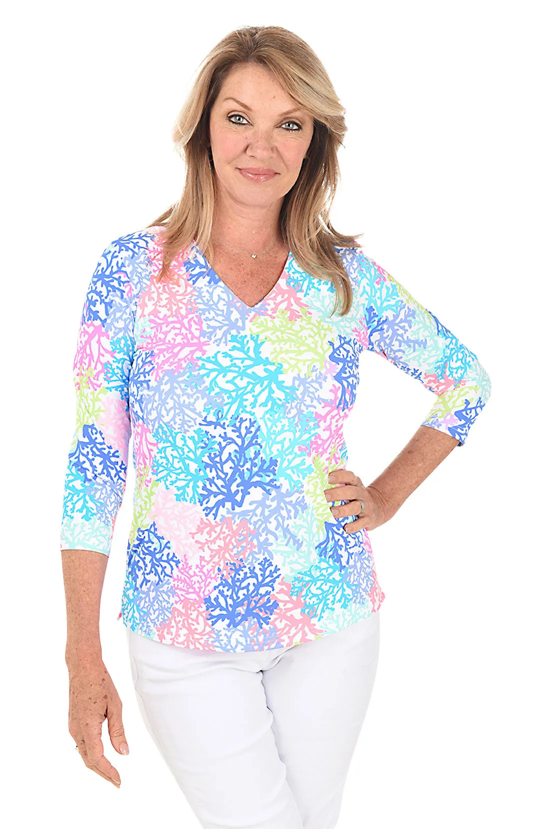 Neon Coral Classic UPF50  V-Neck Top