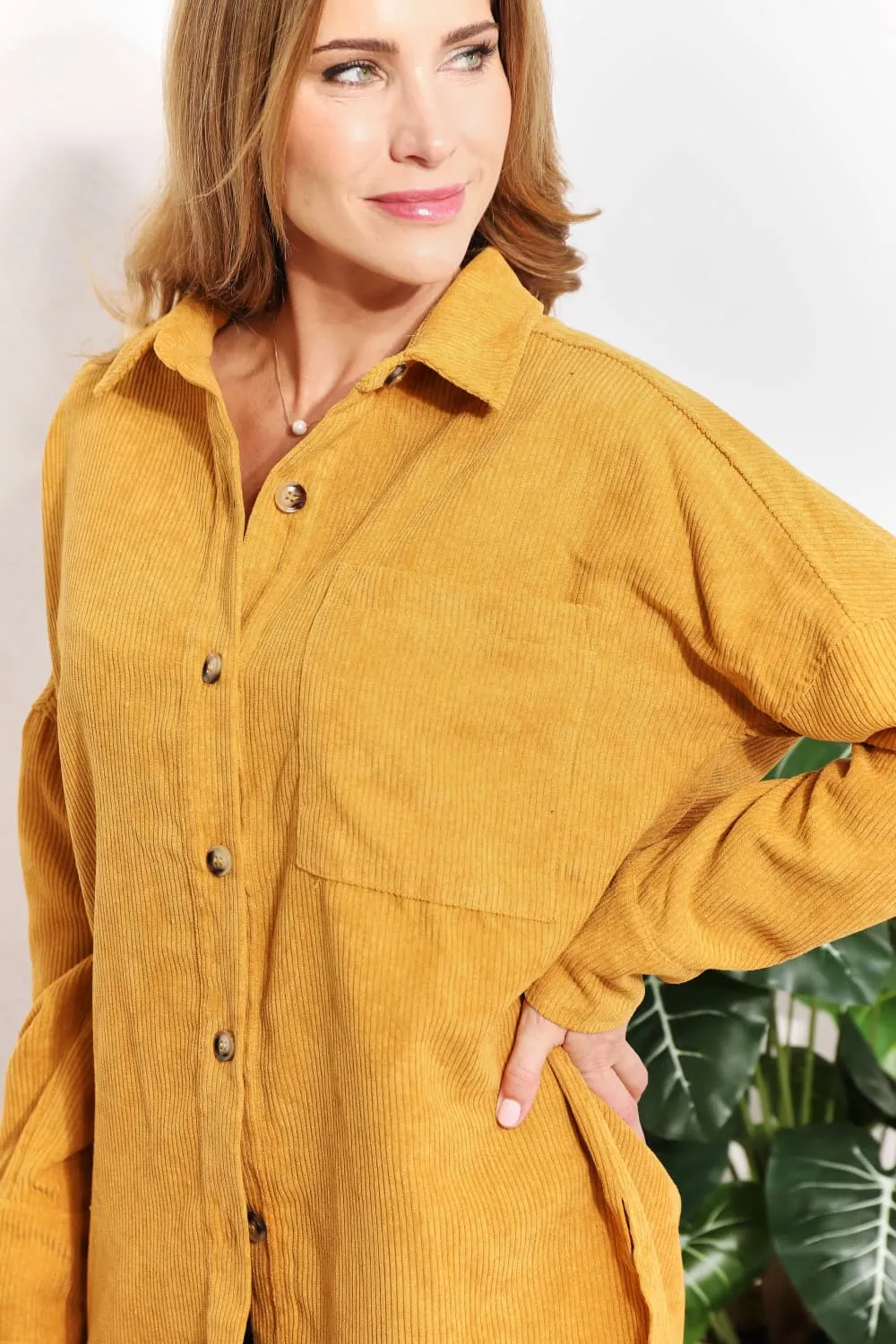 Oversized Corduroy  Button-Down Tunic Shirt with Bust Pocket