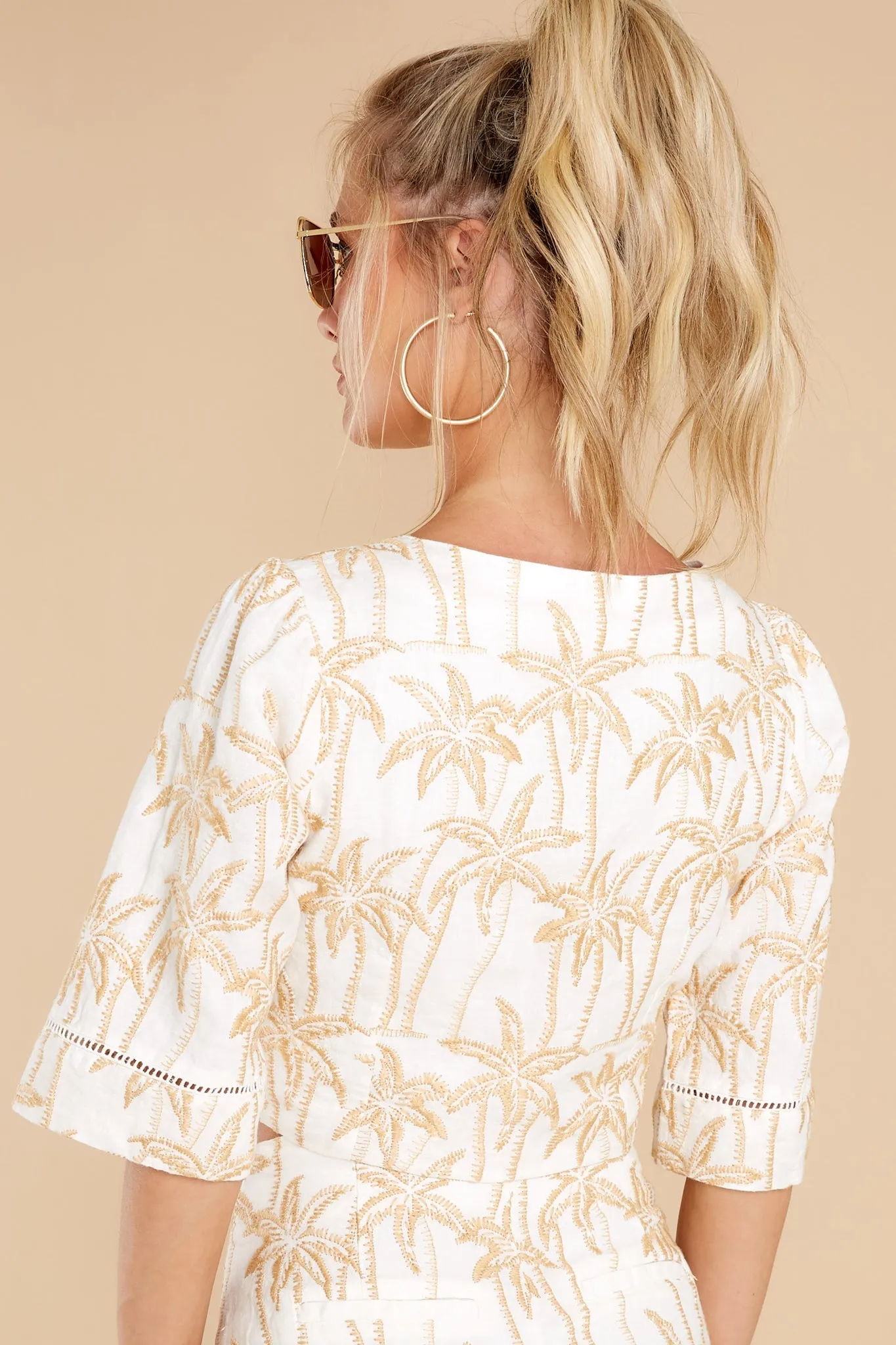 Palm Tree Paradise Ivory Embroidered Crop Top