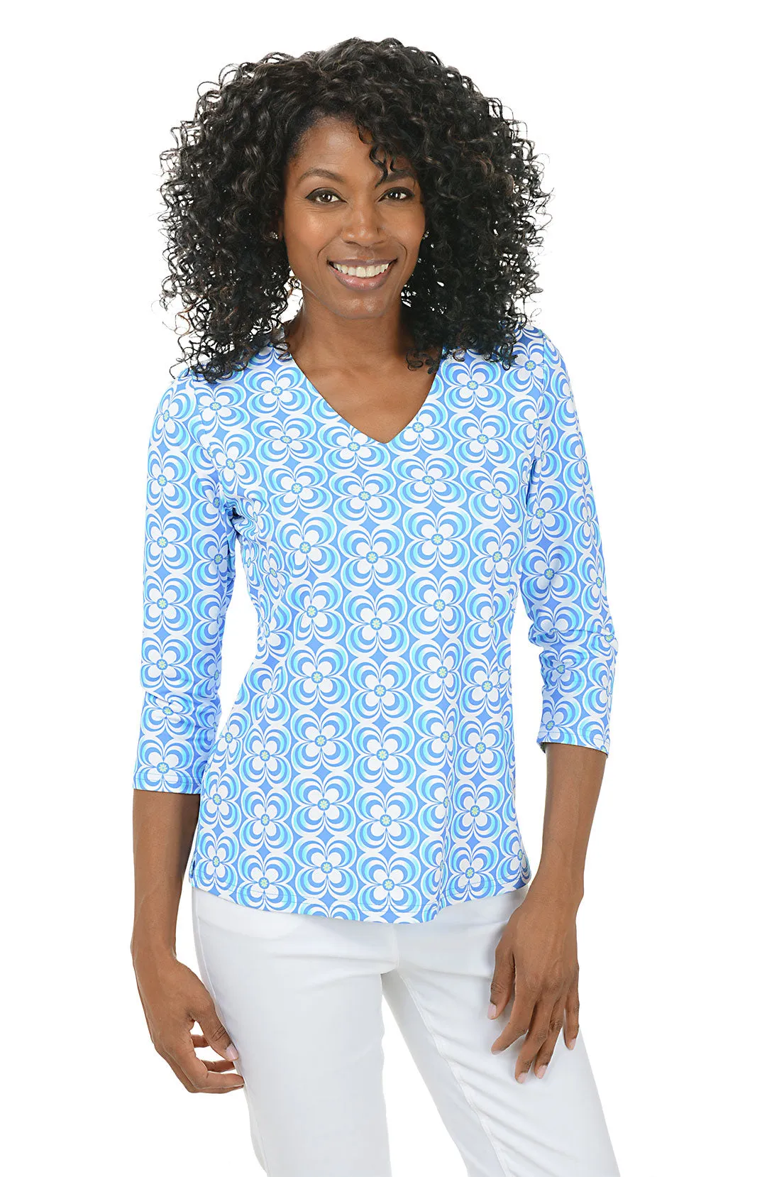 Periwinkle Optical Daisy Classic UPF50  V-Neck Top