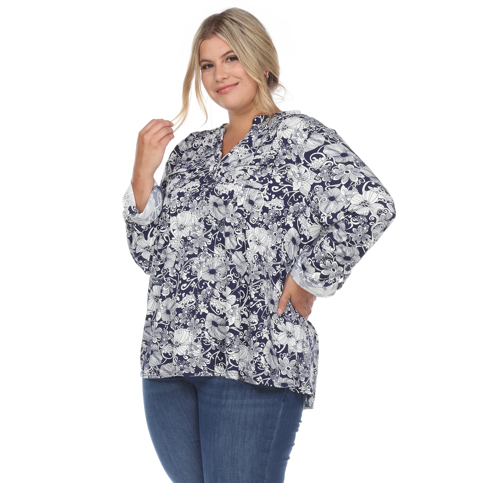 Pleated Long Sleeve Floral Print Blouse - Plus