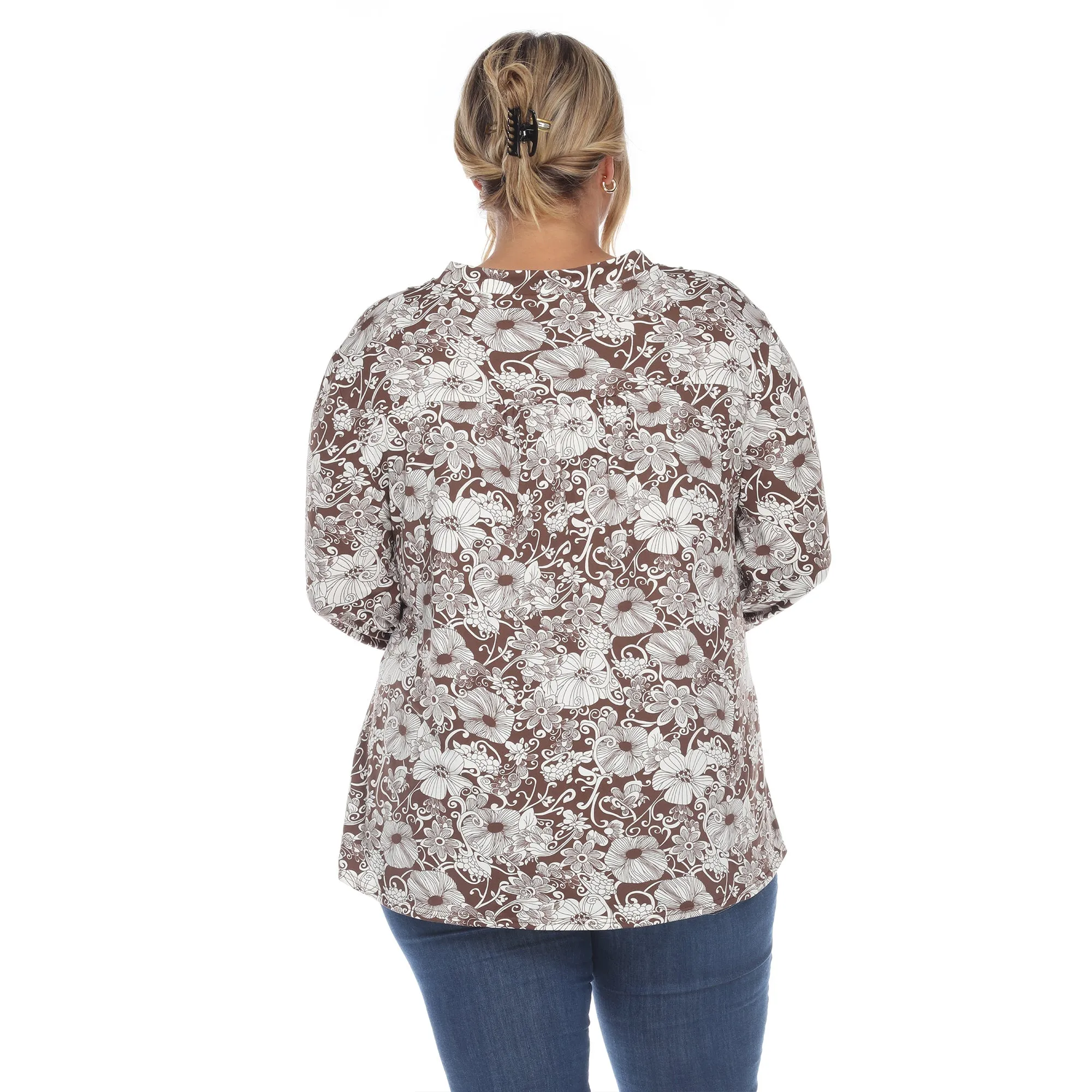 Pleated Long Sleeve Floral Print Blouse - Plus