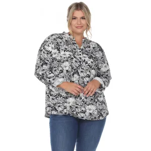 Pleated Long Sleeve Floral Print Blouse - Plus