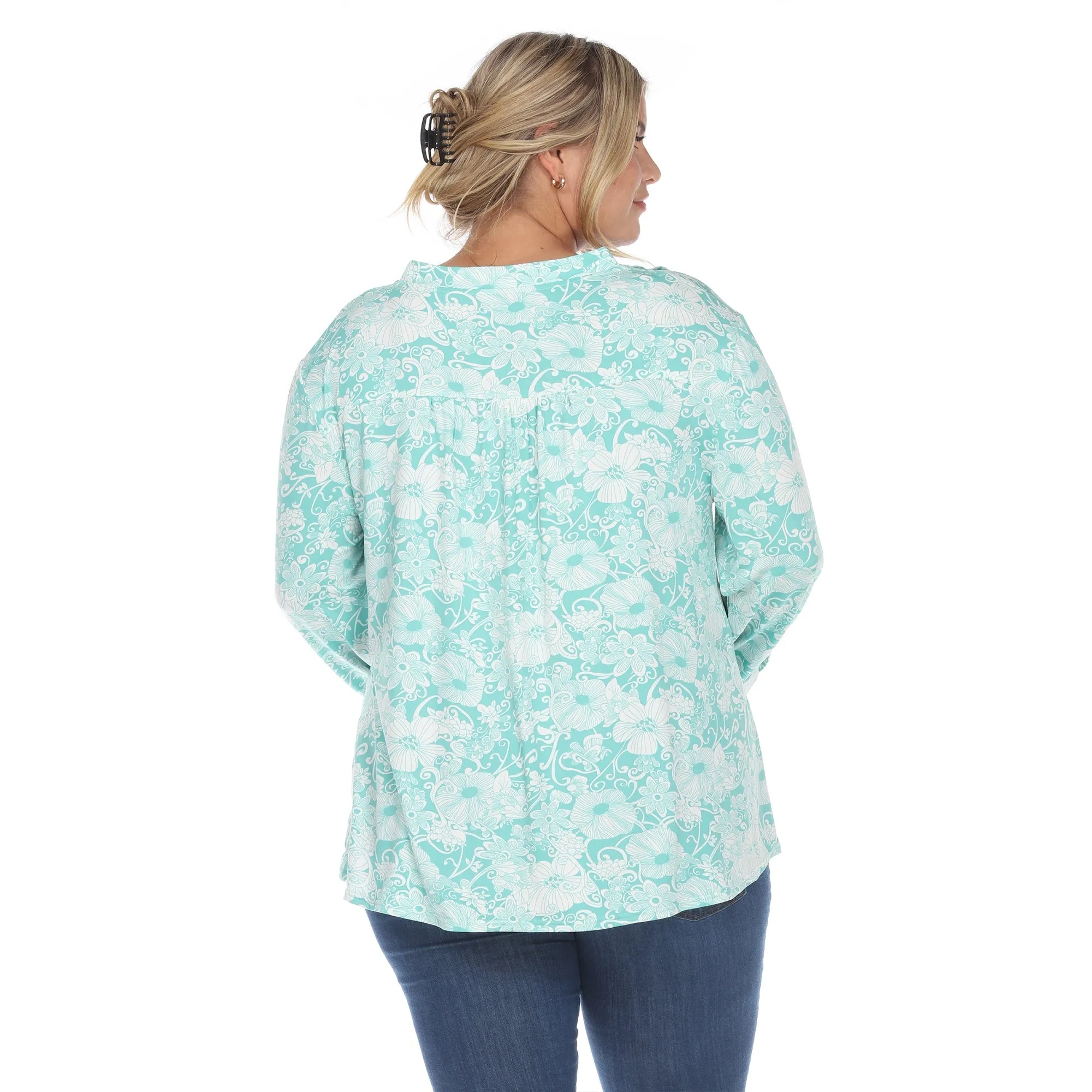 Pleated Long Sleeve Floral Print Blouse - Plus