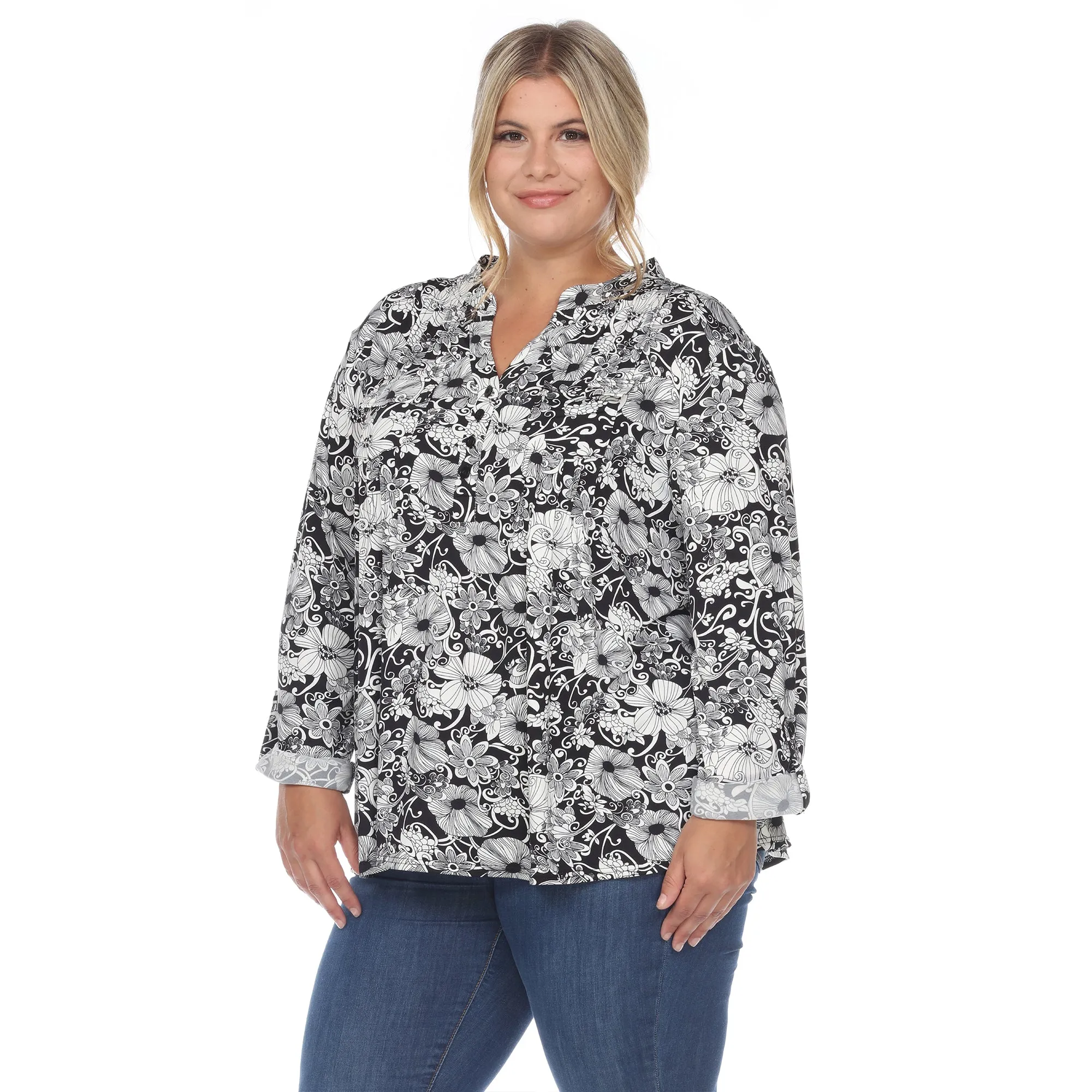 Pleated Long Sleeve Floral Print Blouse - Plus