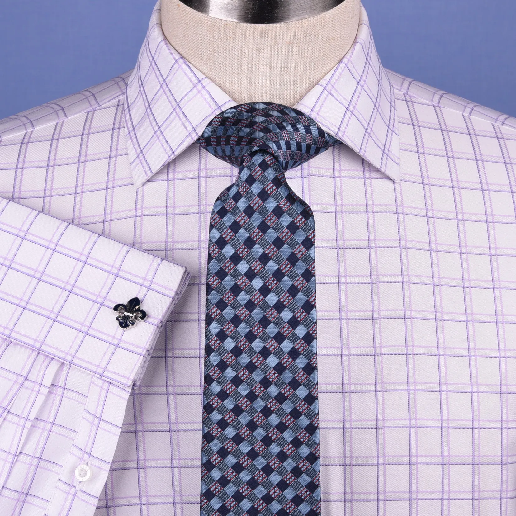 Purple Plaids & Checks Designer Formal Business Dress Shirts Designer Fashion A  Double Cuff