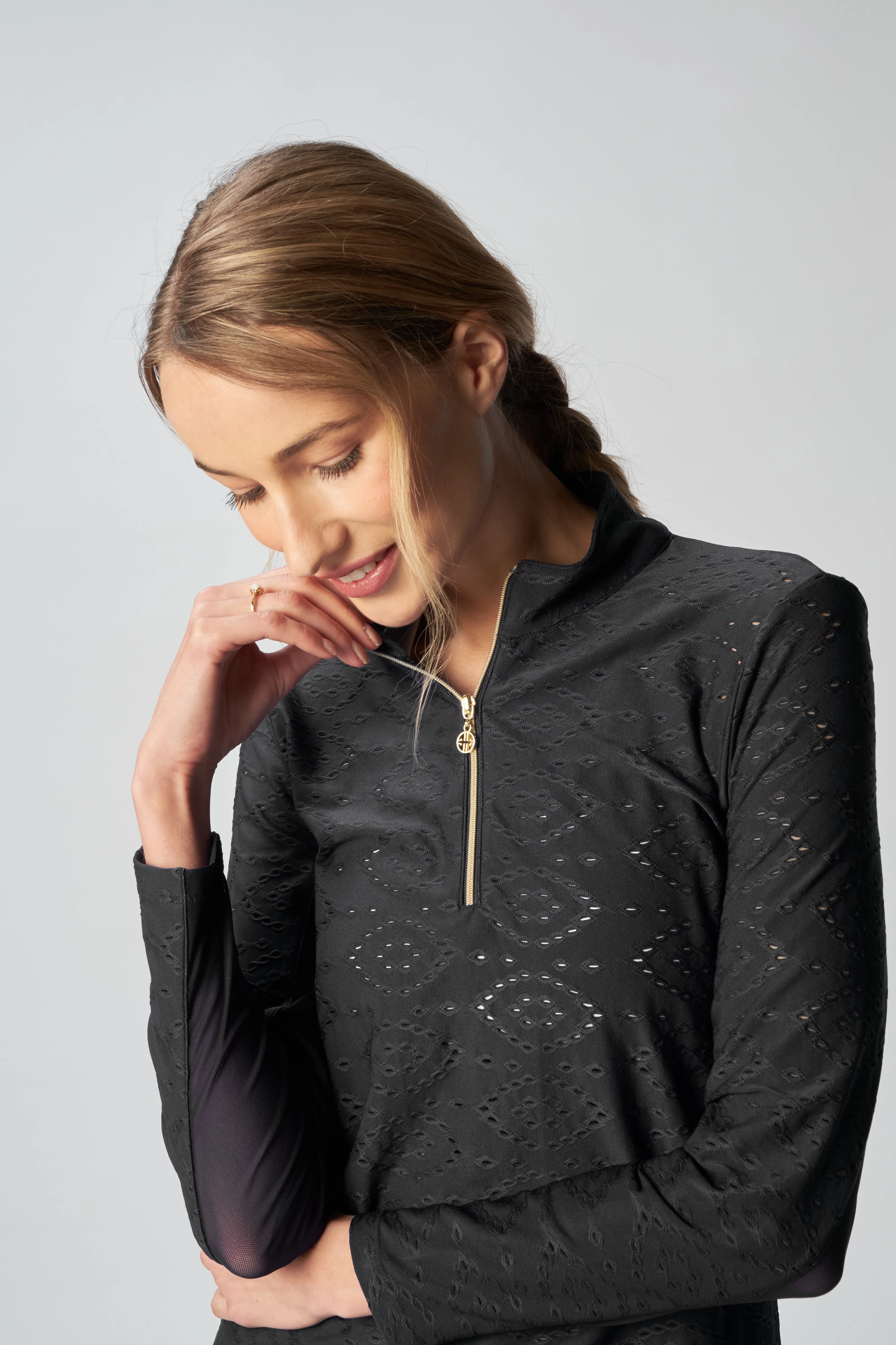 Quarter Zip Sun Protection Top In Black Eyelet