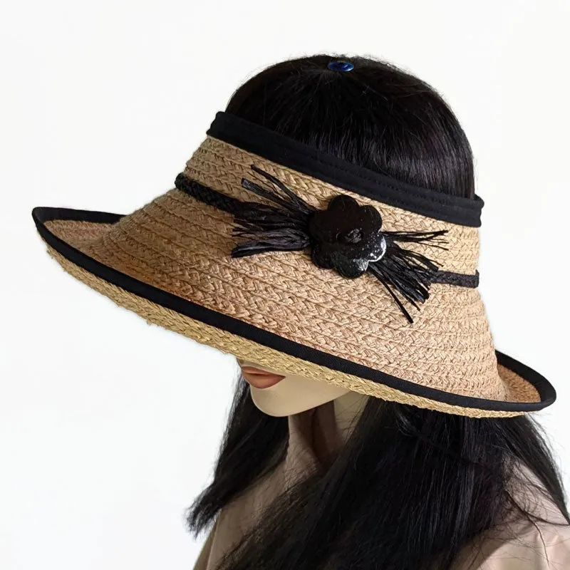 Raffia Straw pop top full brim visor, with extra large brim, adjustable fit sweatband