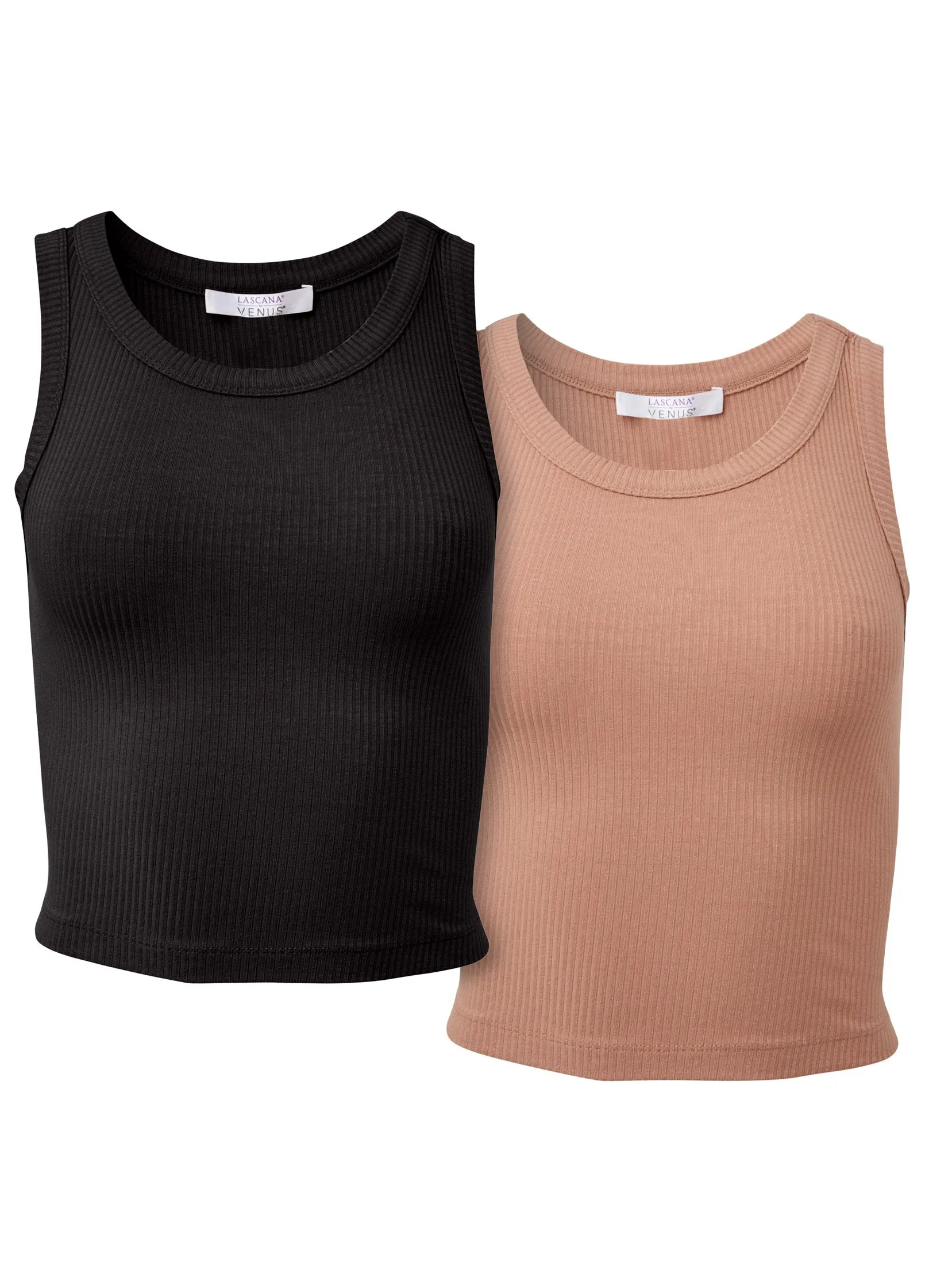 Ribbed Crop Top 2 Pack - Black & Camel