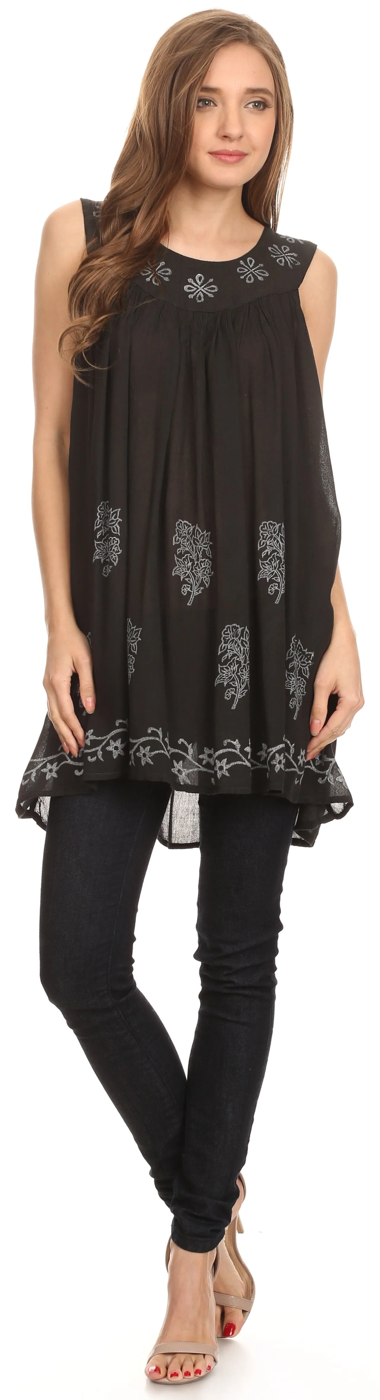 Sakkas Halia Sleeveless Floral Printed Blouse Top With Drop Neck And Draped Fit