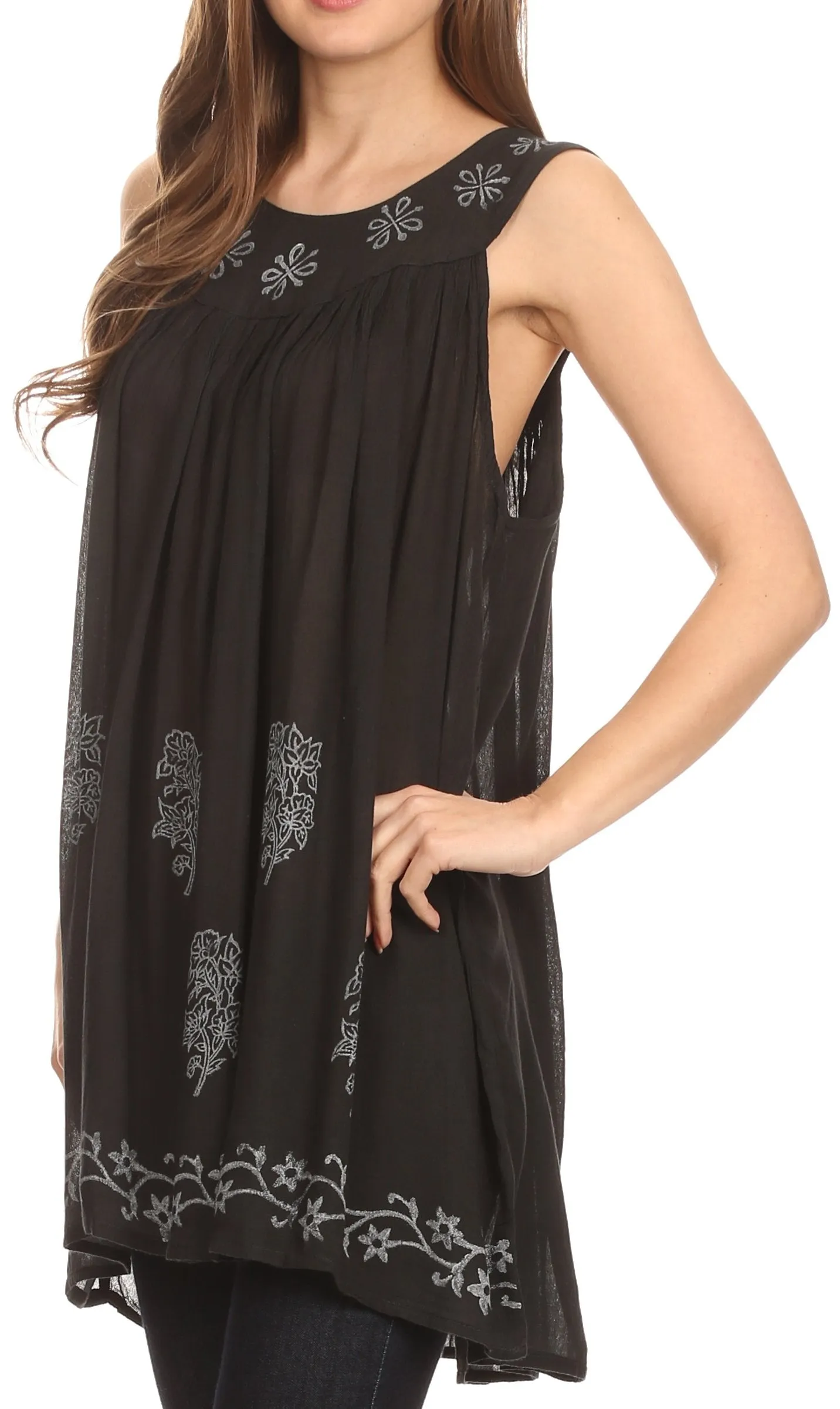 Sakkas Halia Sleeveless Floral Printed Blouse Top With Drop Neck And Draped Fit