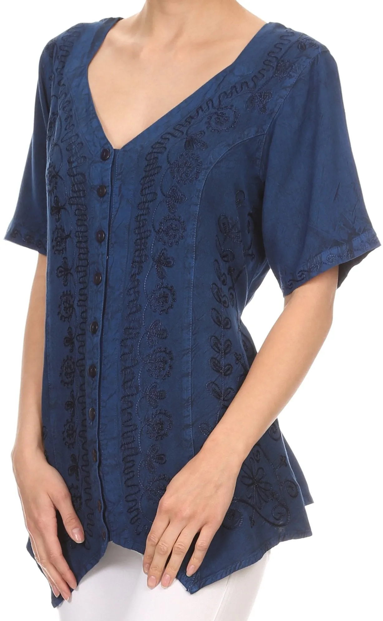 Sakkas Klaniya V Neck Button Down Embroidered Short Sleeve Light Blouse Shirt Top