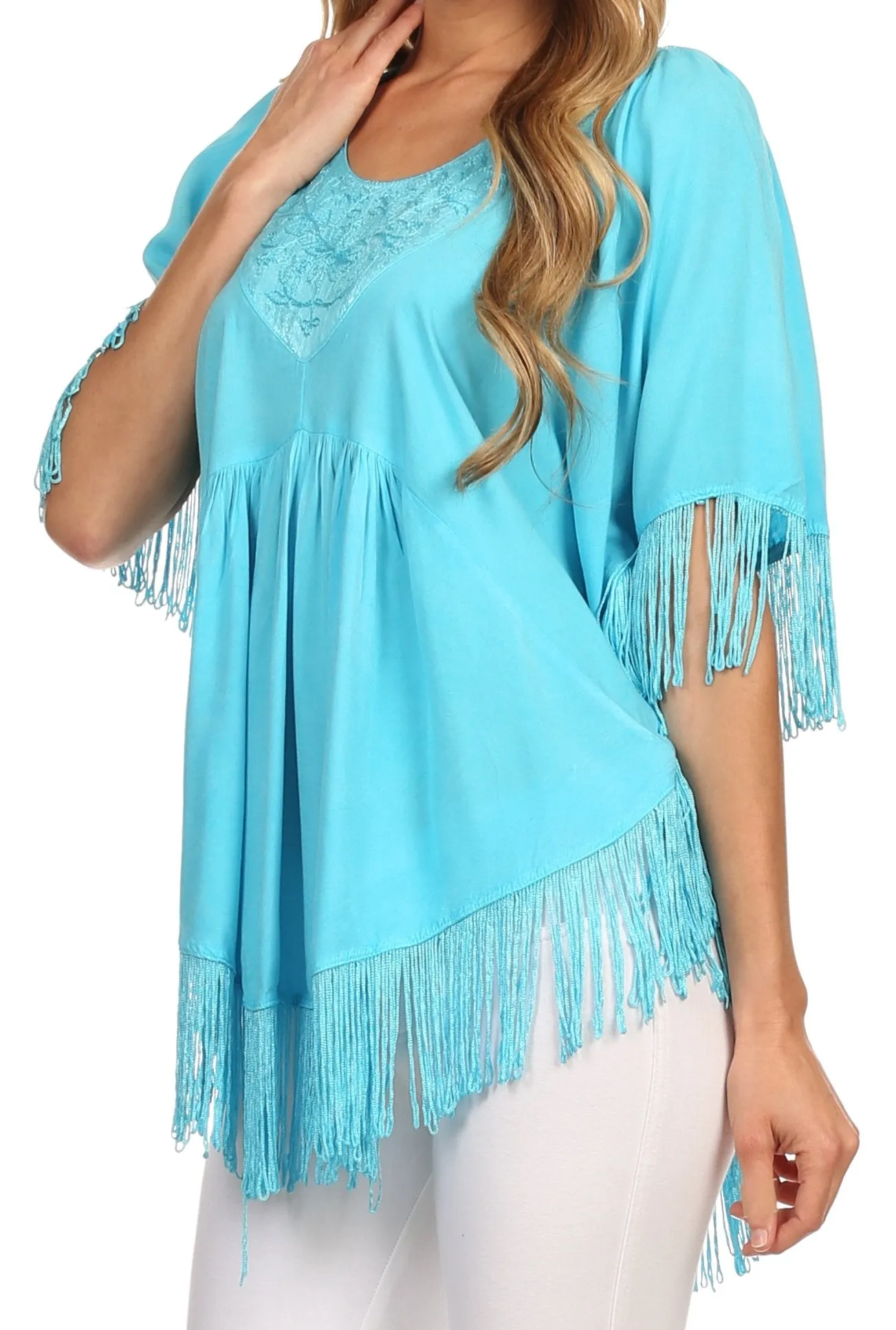 Sakkas Lilly Boho Embroidered Fringe Poncho Top