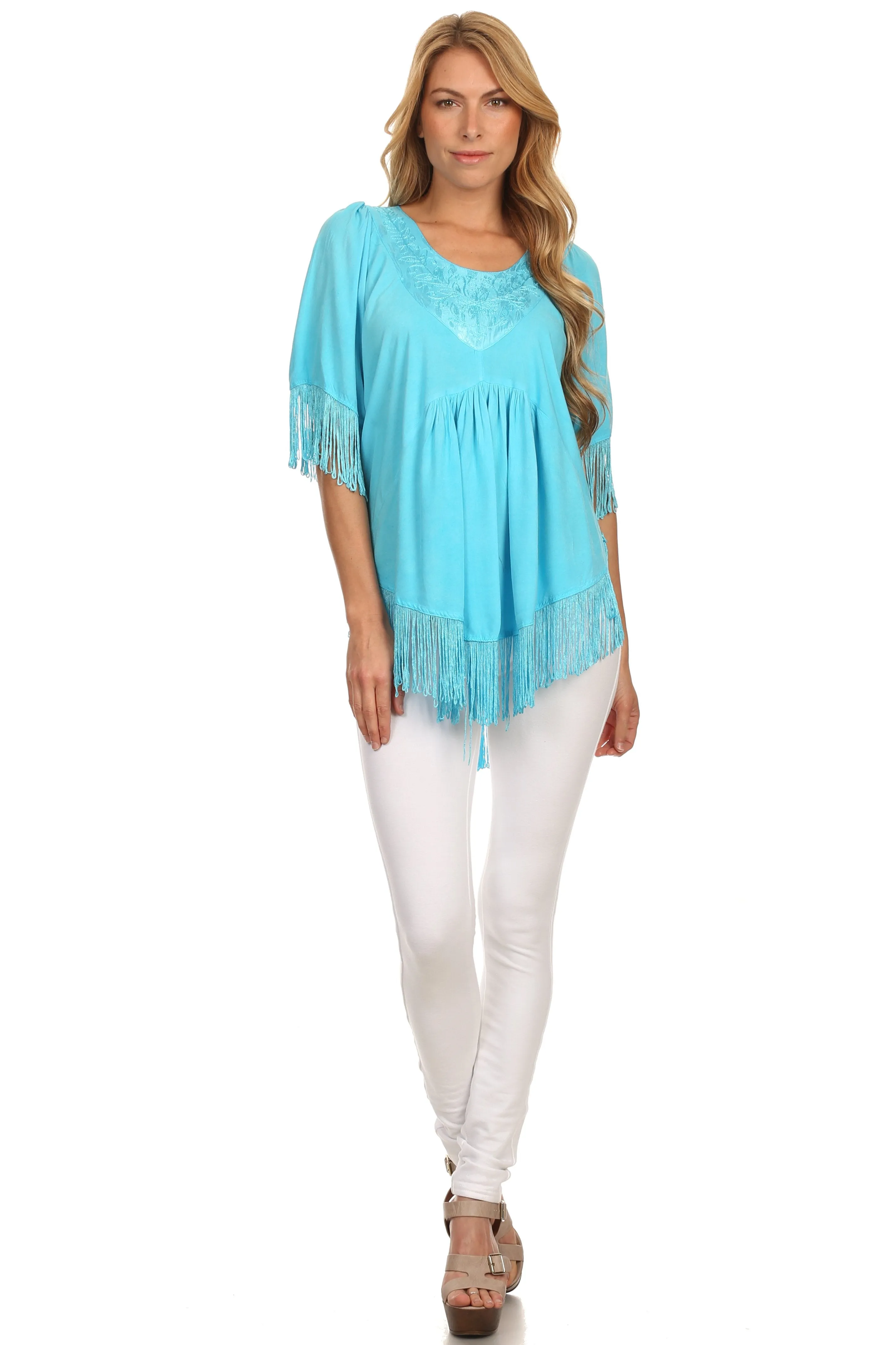 Sakkas Lilly Boho Embroidered Fringe Poncho Top