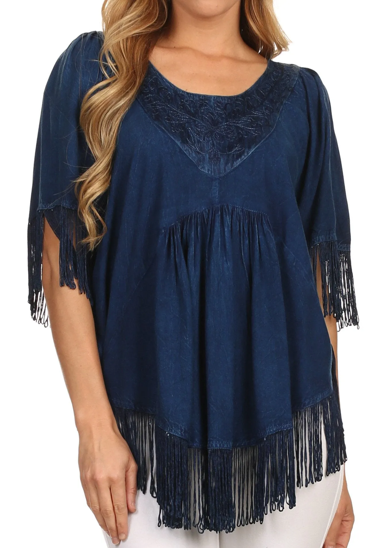 Sakkas Lilly Boho Embroidered Fringe Poncho Top