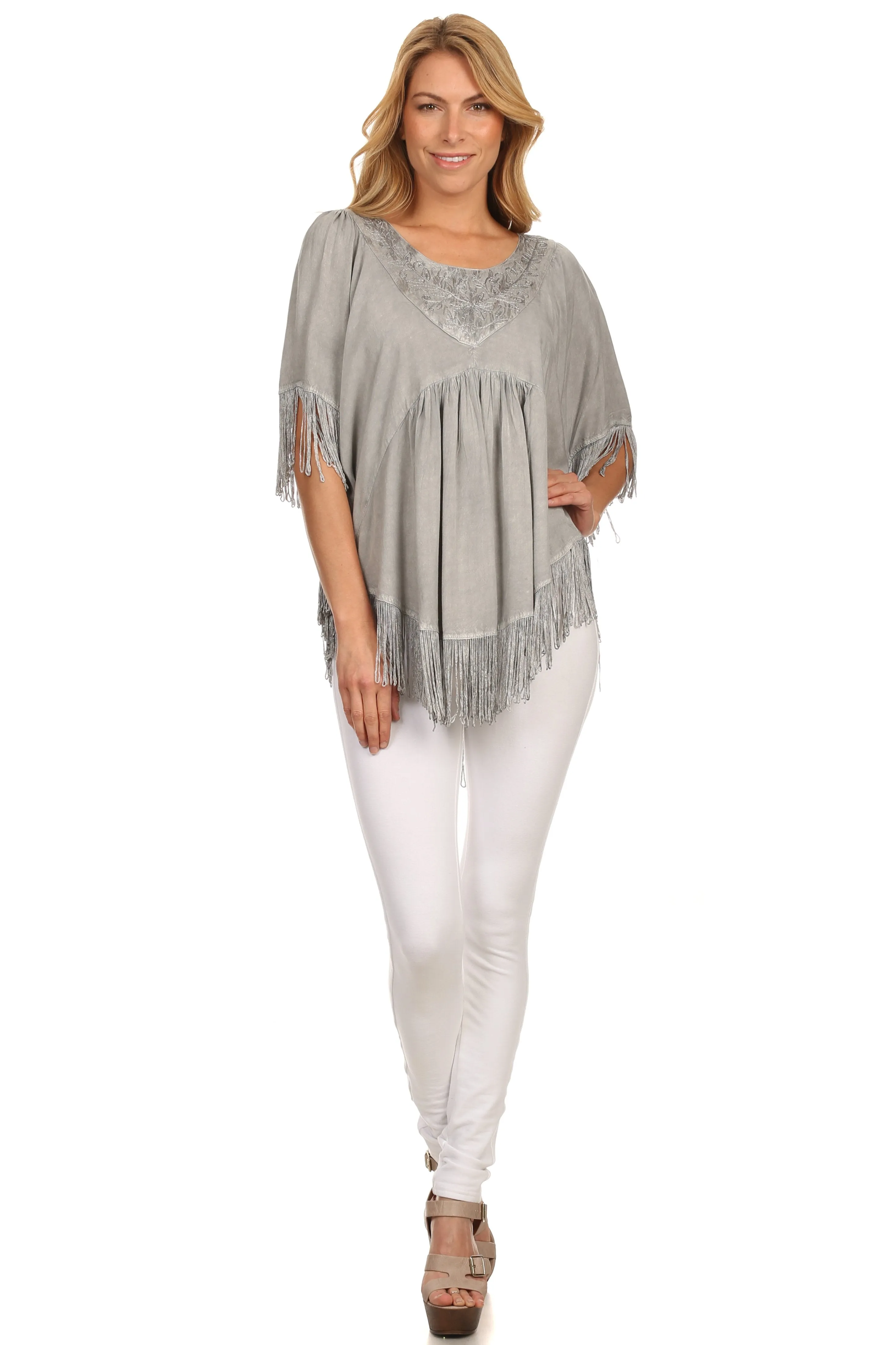 Sakkas Lilly Boho Embroidered Fringe Poncho Top