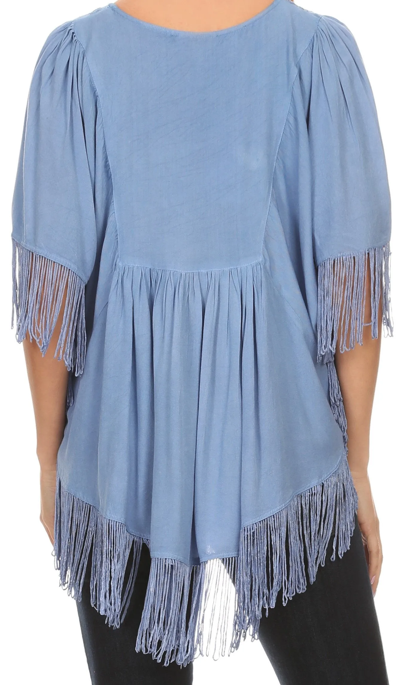 Sakkas Lilly Boho Embroidered Fringe Poncho Top