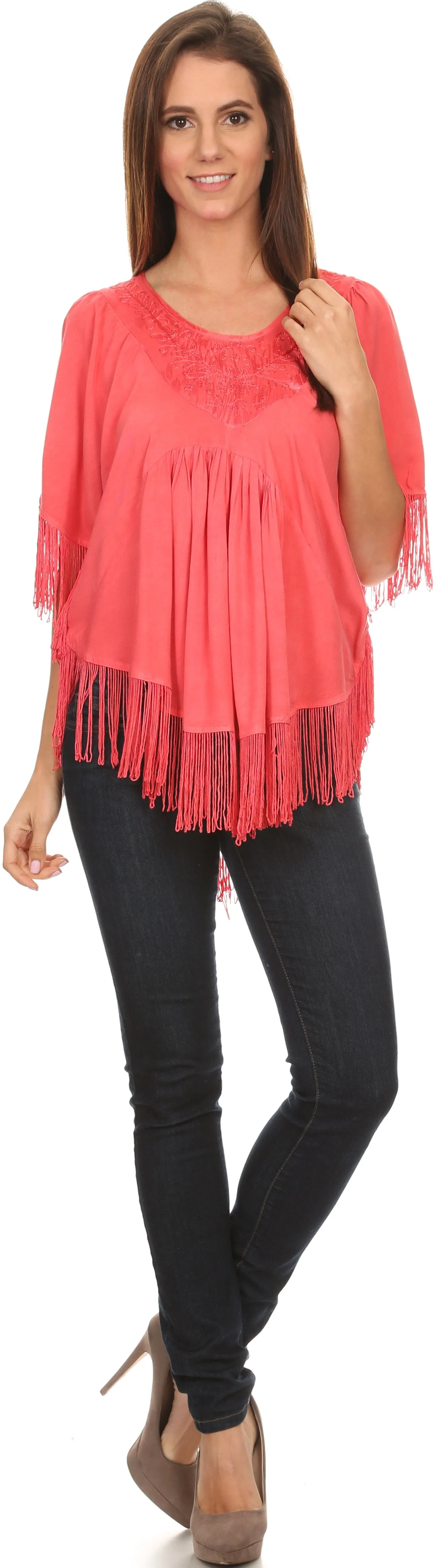 Sakkas Lilly Boho Embroidered Fringe Poncho Top