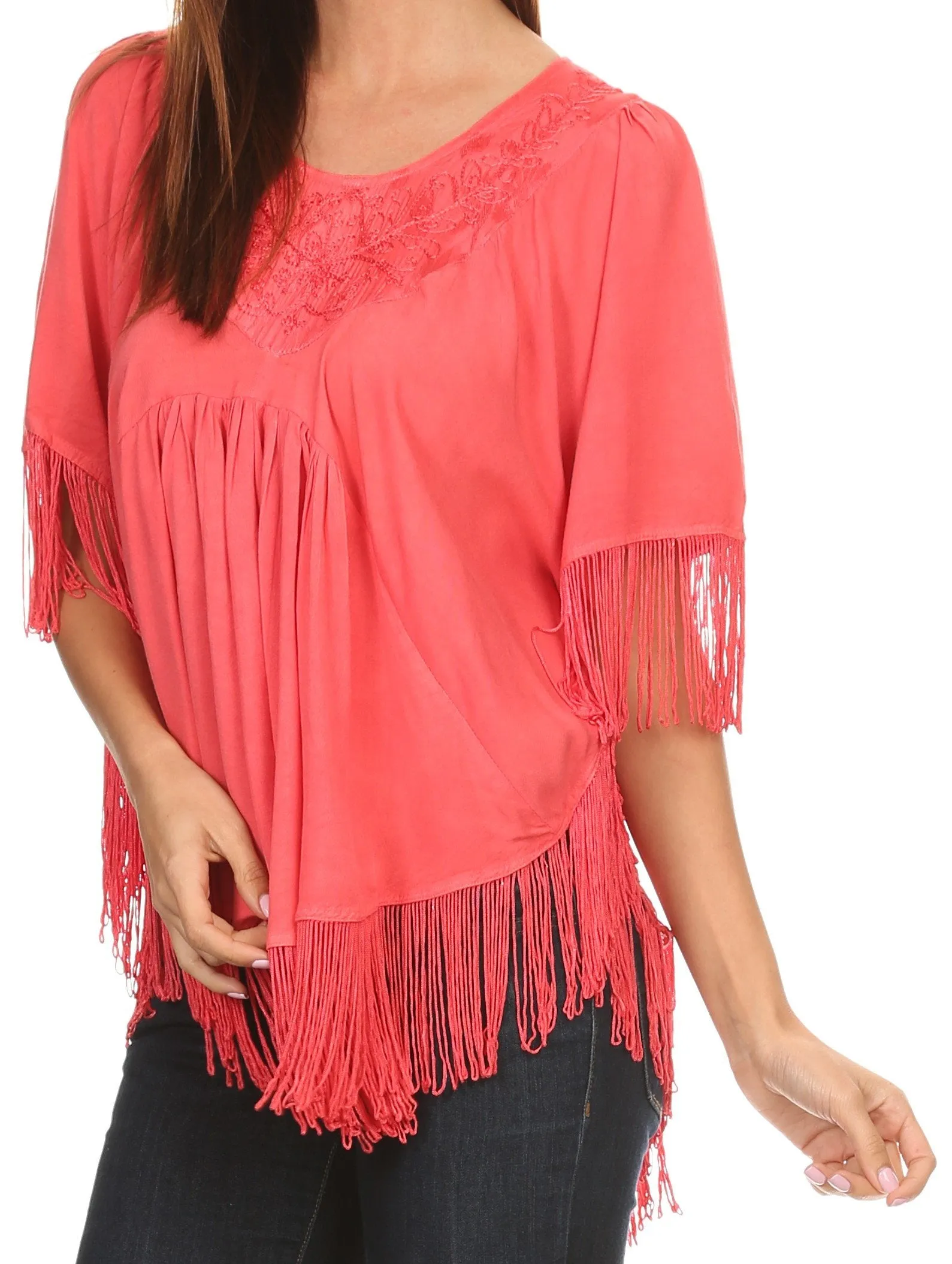 Sakkas Lilly Boho Embroidered Fringe Poncho Top