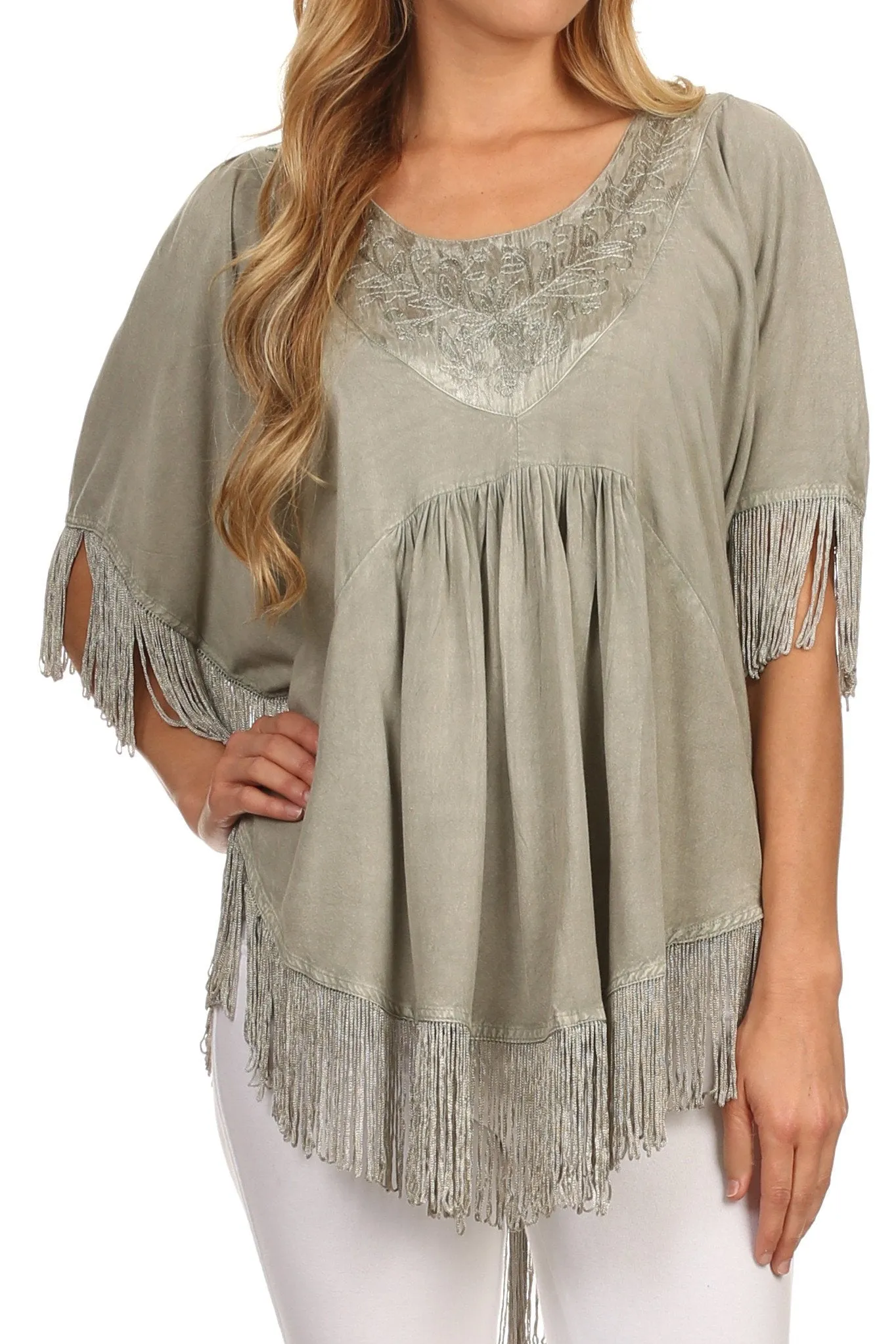 Sakkas Lilly Boho Embroidered Fringe Poncho Top