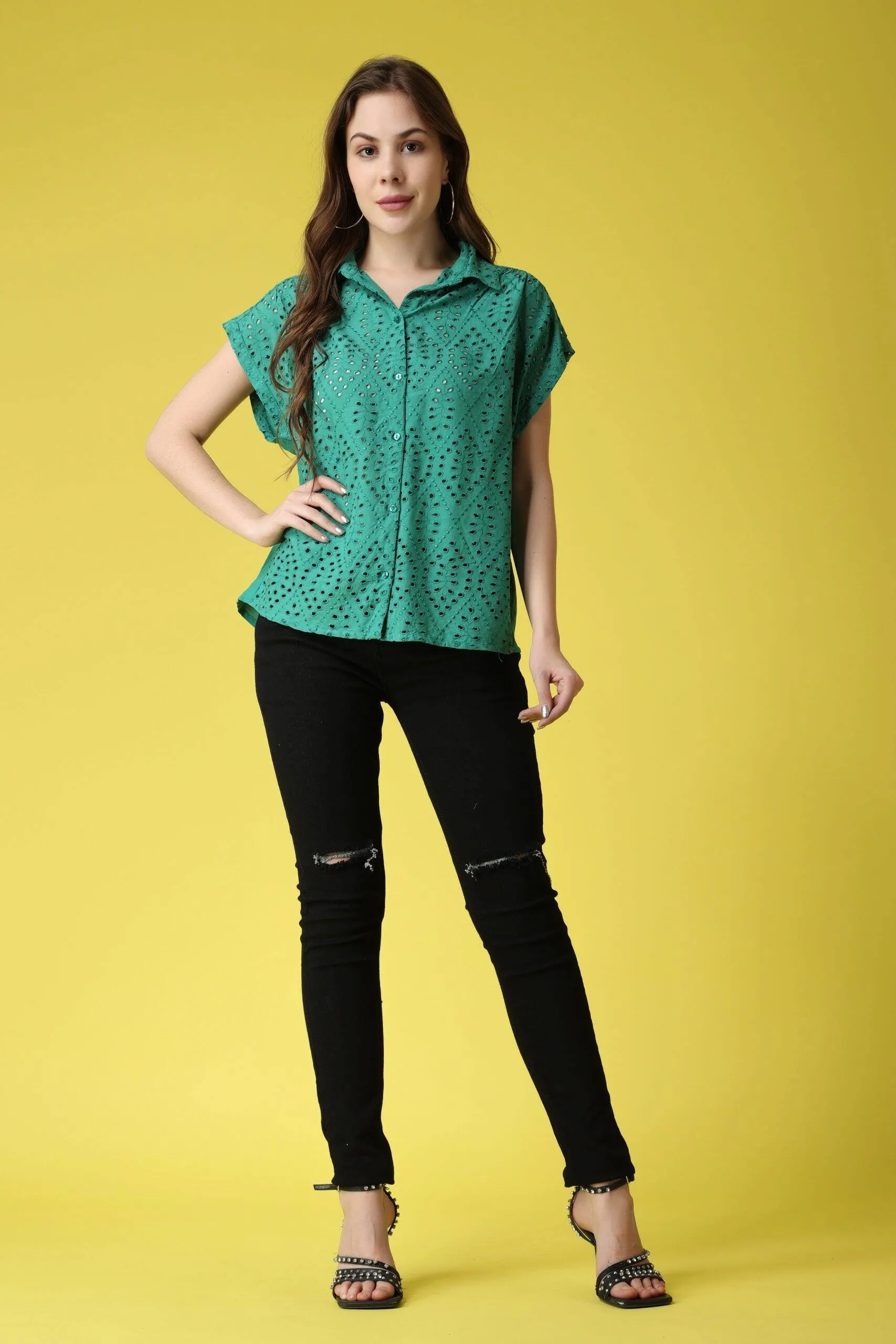 Solid Cutwork Shirt-1/4th Sleeves