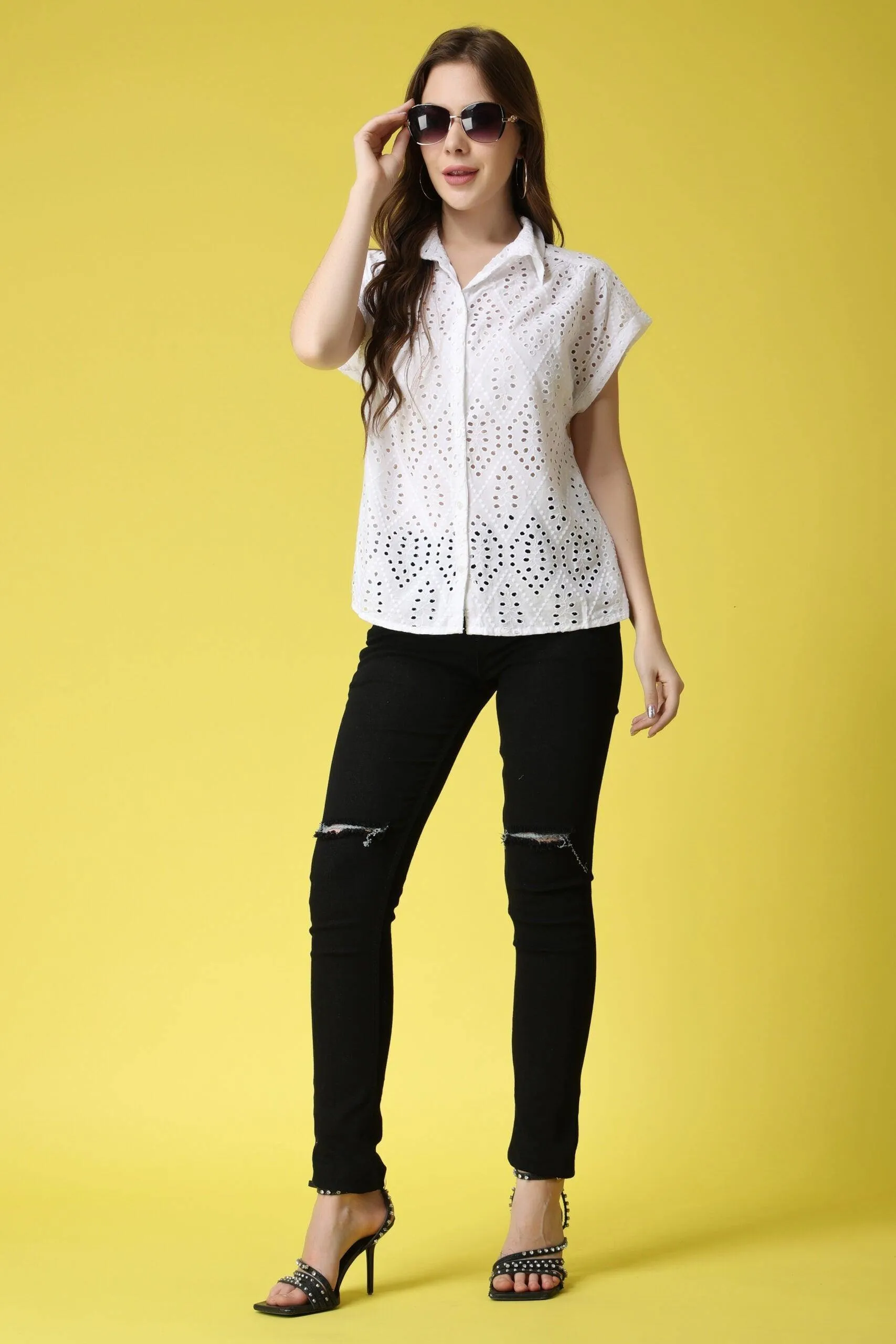 Solid Cutwork Shirt-1/4th Sleeves