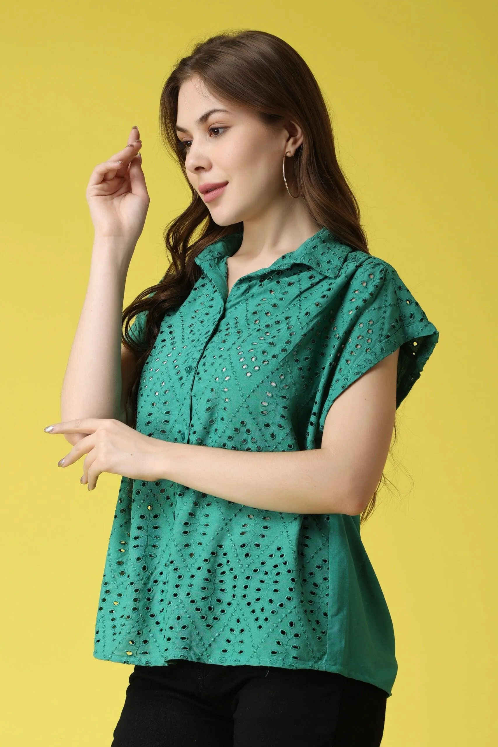 Solid Cutwork Shirt-1/4th Sleeves