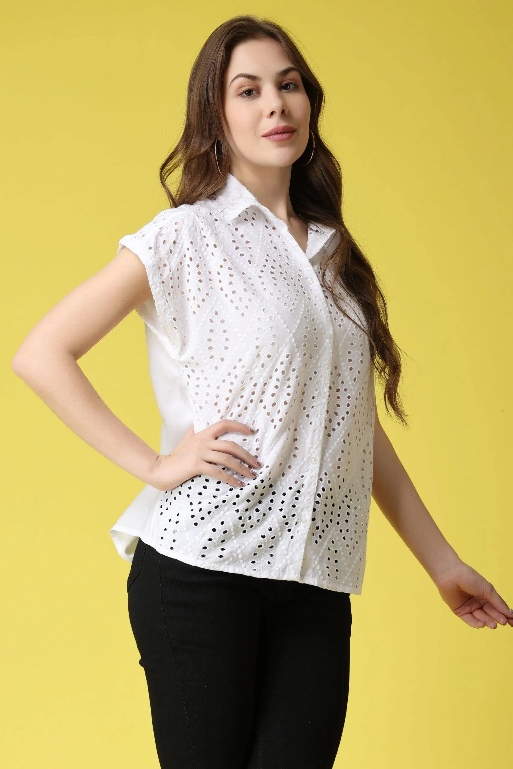 Solid Cutwork Shirt-1/4th Sleeves