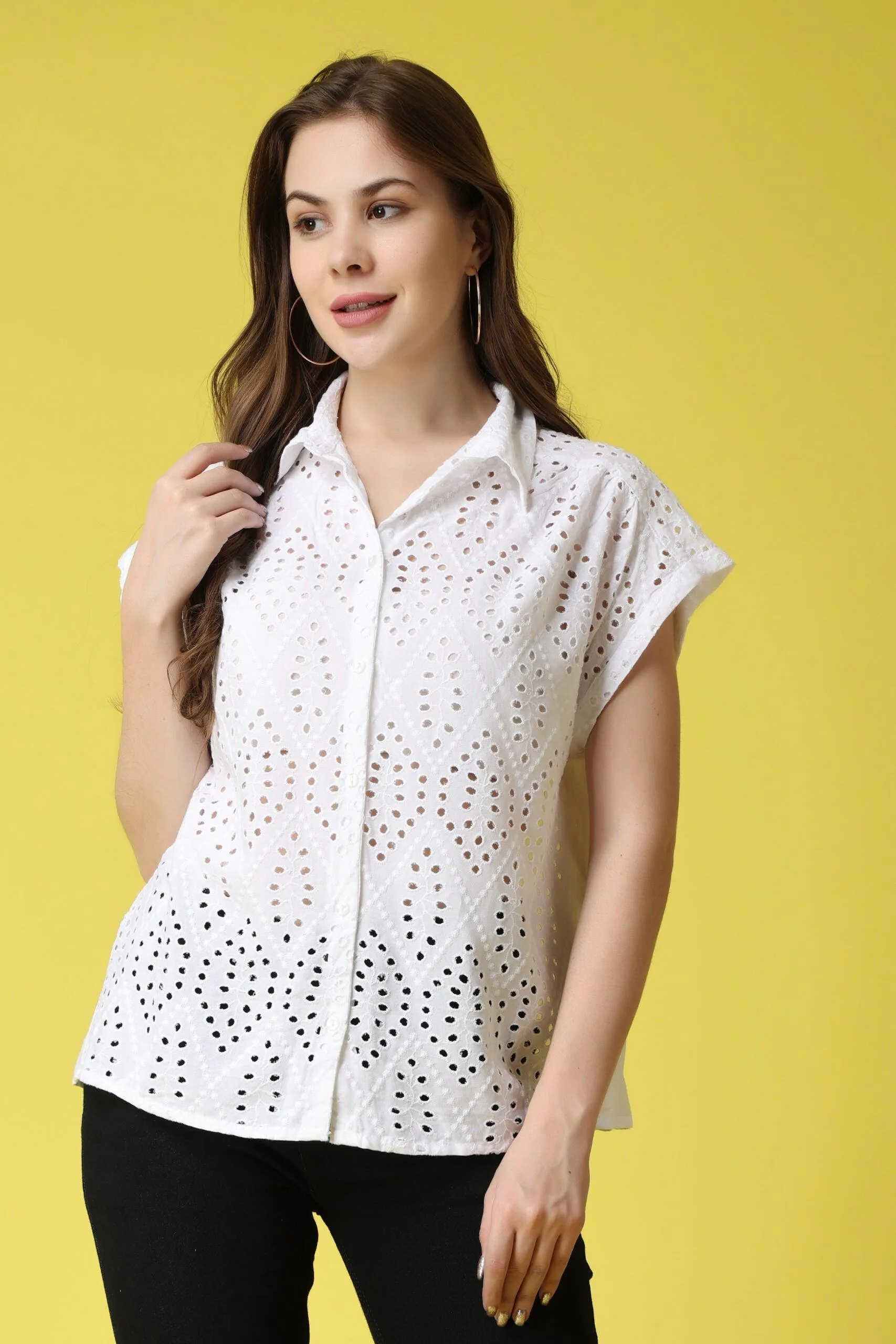 Solid Cutwork Shirt-1/4th Sleeves