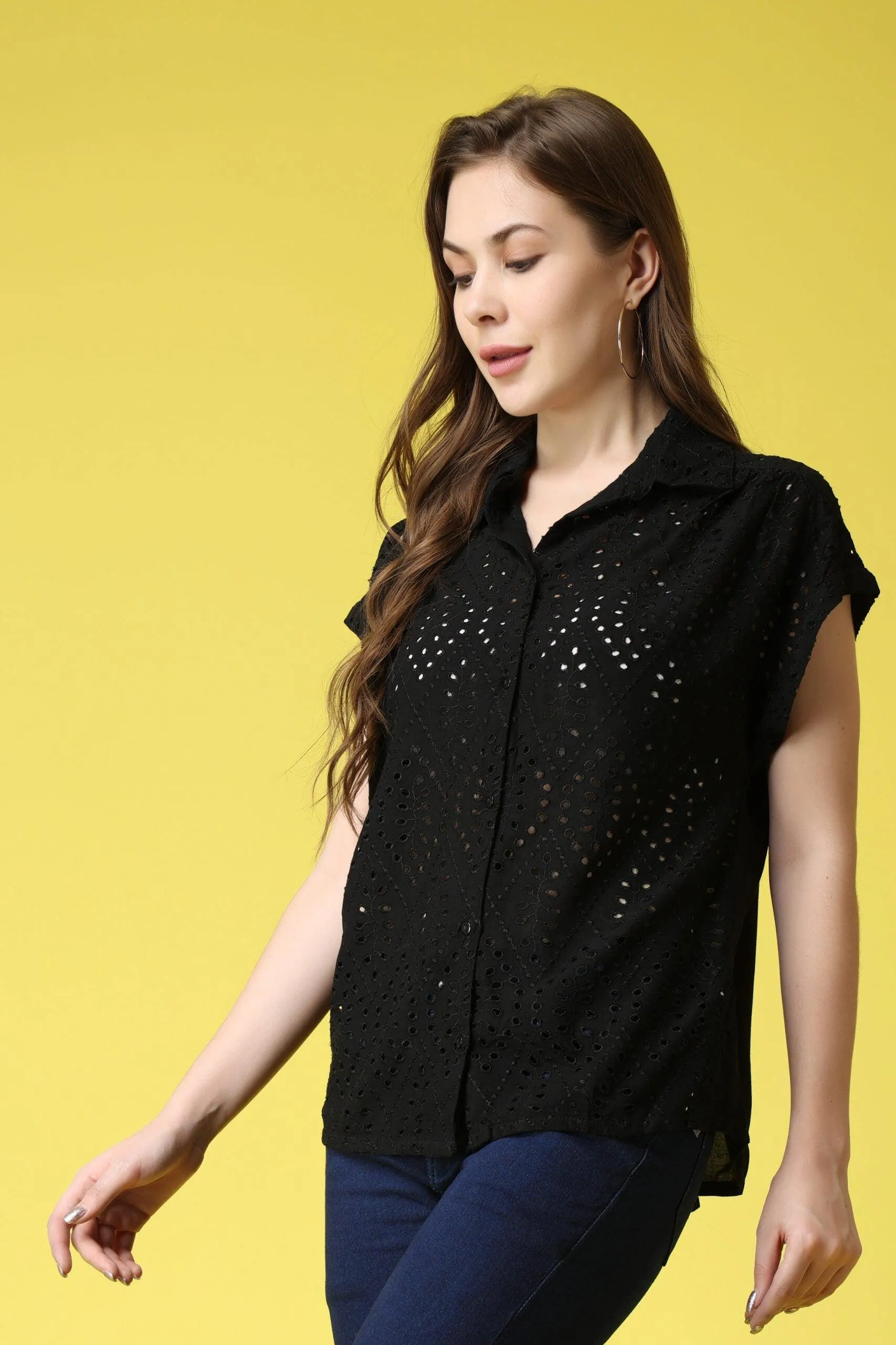 Solid Cutwork Shirt-1/4th Sleeves