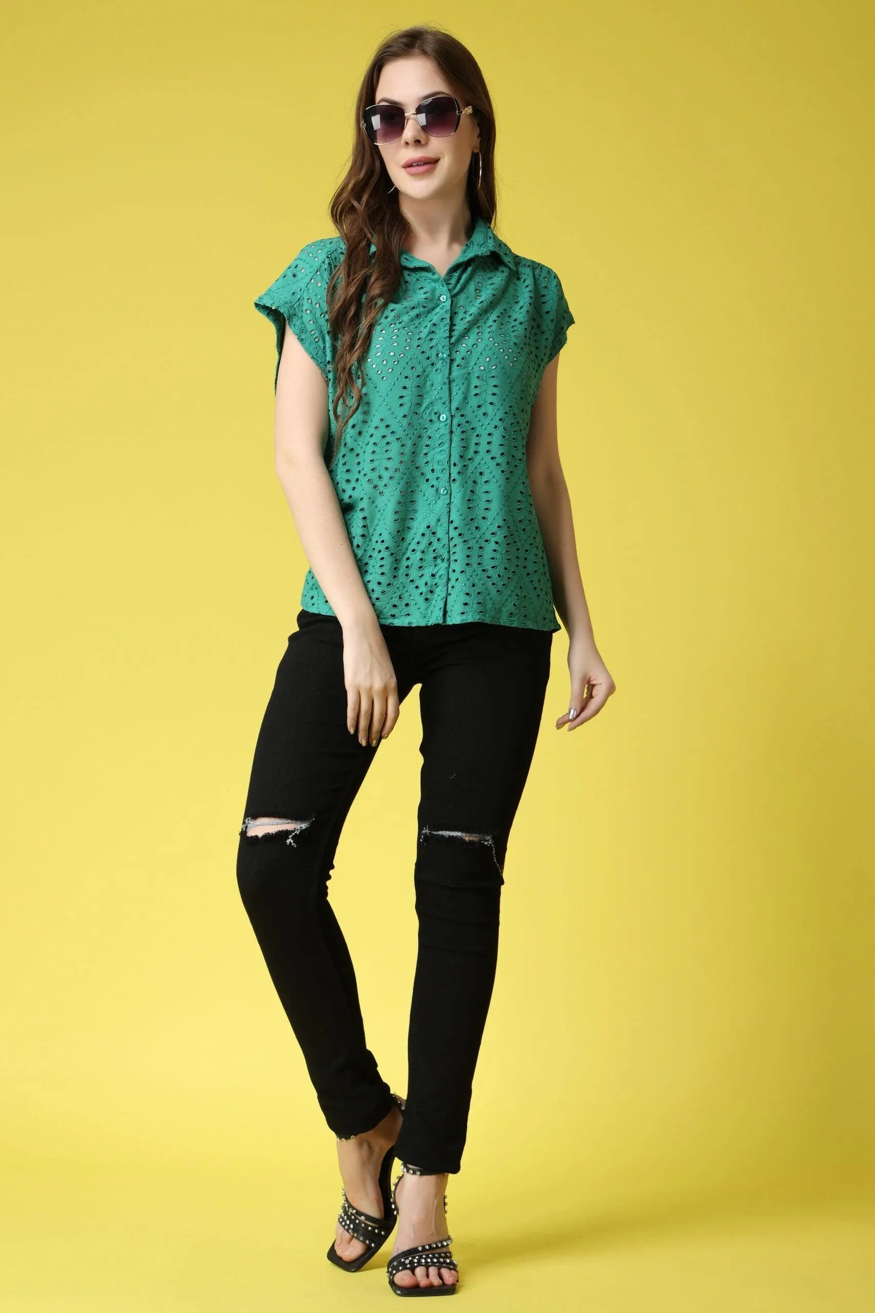 Solid Cutwork Shirt-1/4th Sleeves