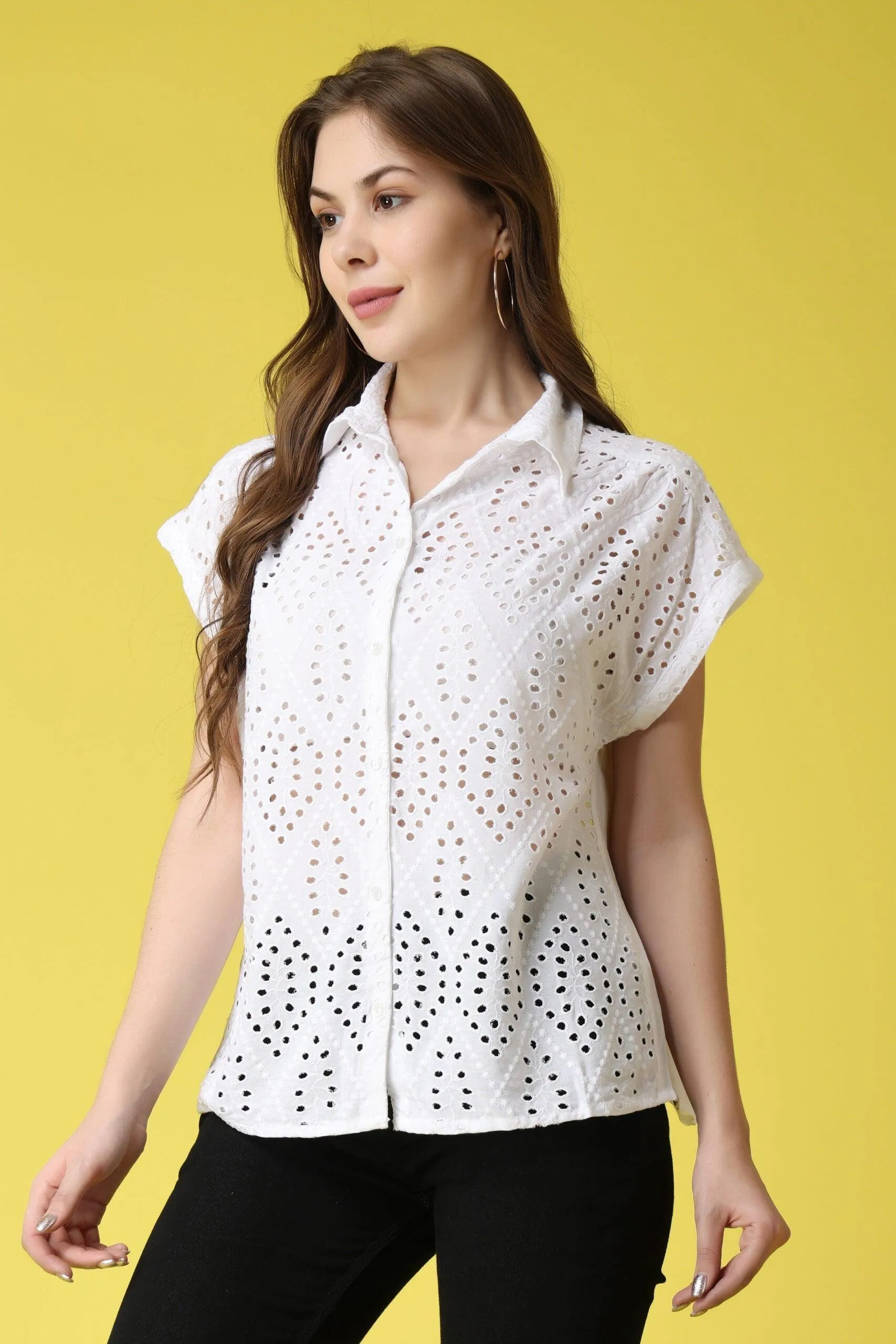 Solid Cutwork Shirt-1/4th Sleeves