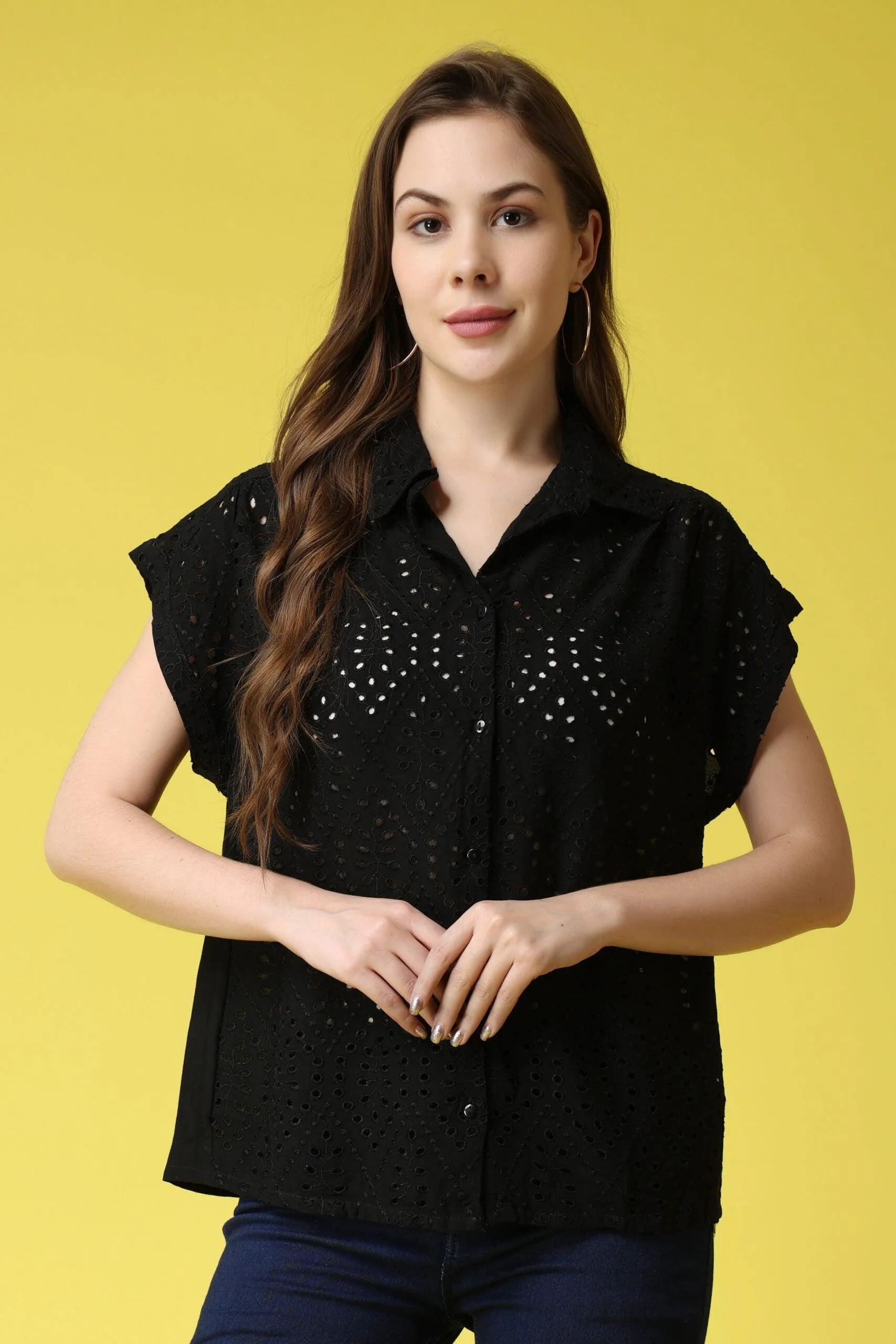 Solid Cutwork Shirt-1/4th Sleeves