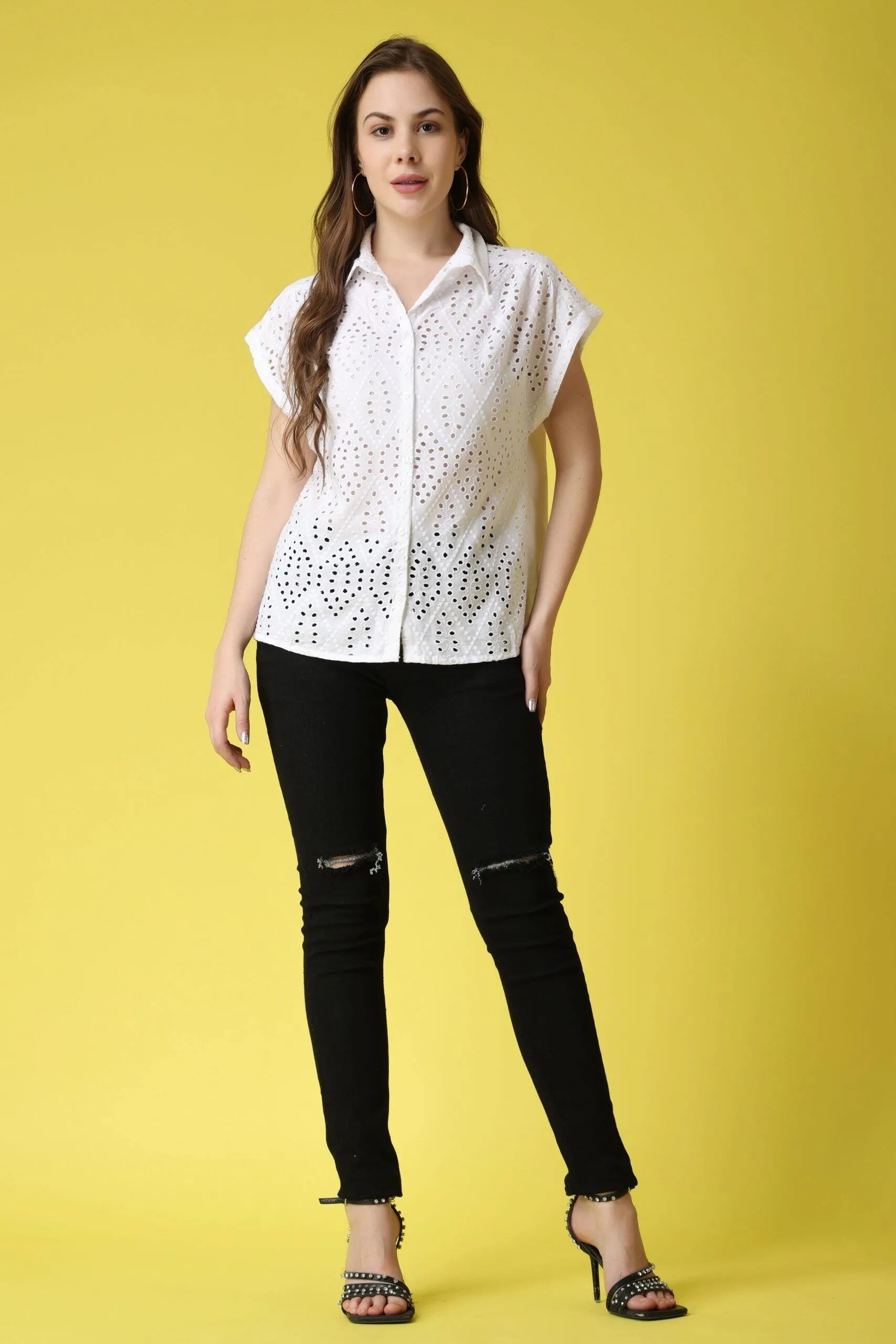 Solid Cutwork Shirt-1/4th Sleeves