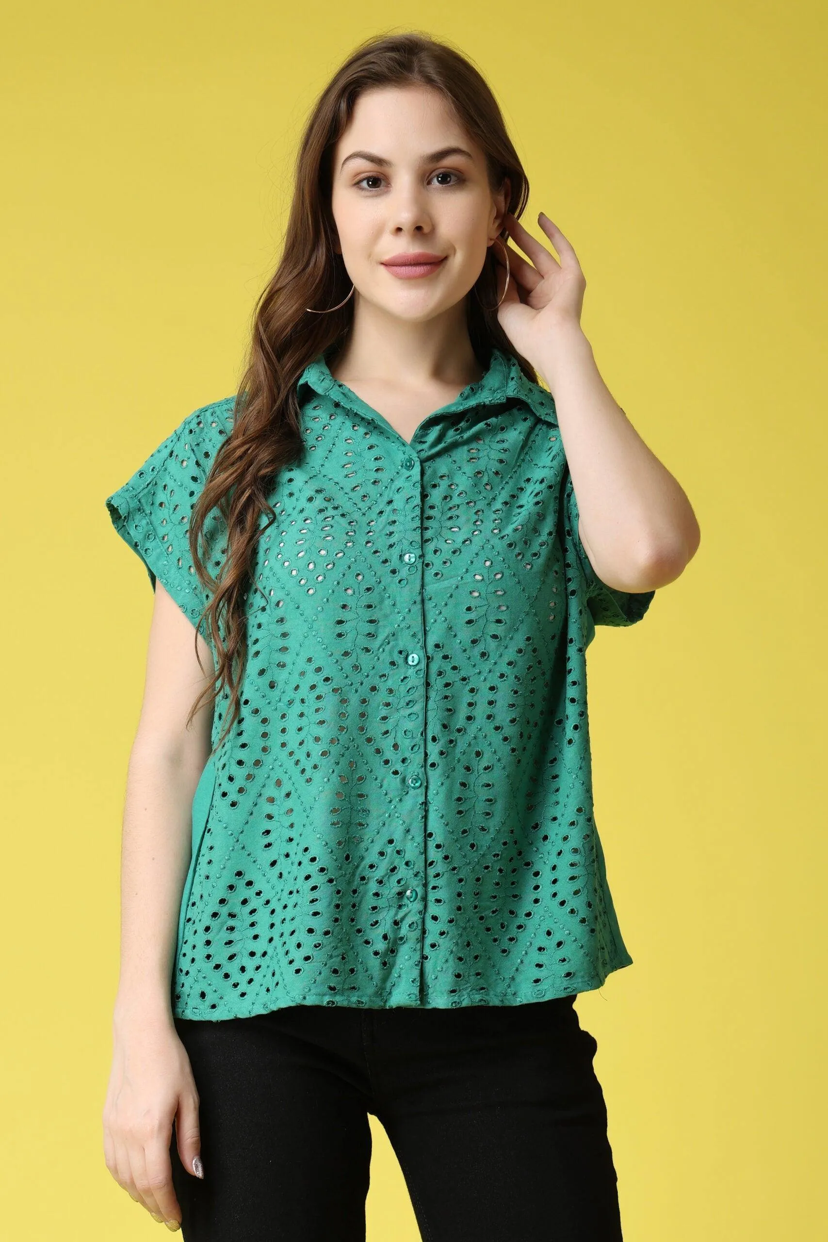 Solid Cutwork Shirt-1/4th Sleeves