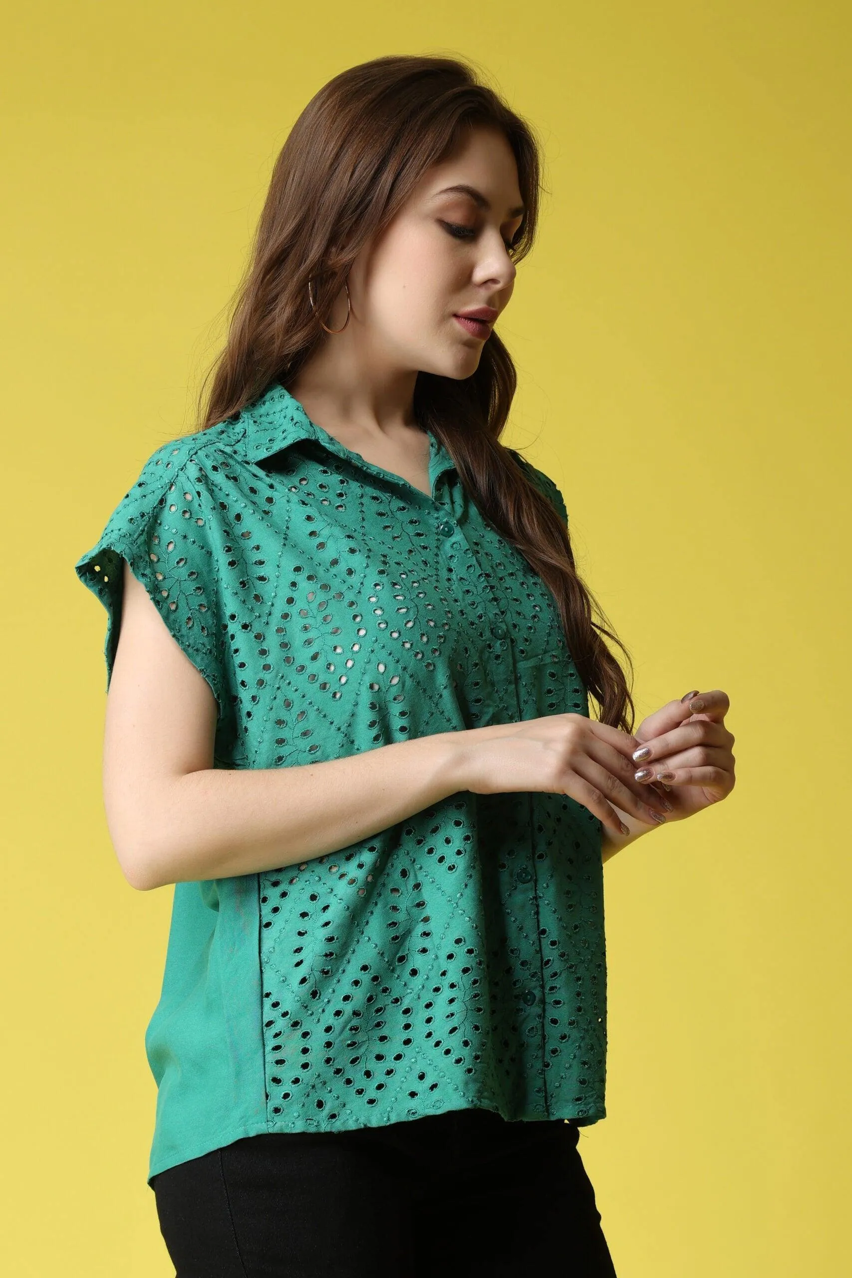 Solid Cutwork Shirt-1/4th Sleeves