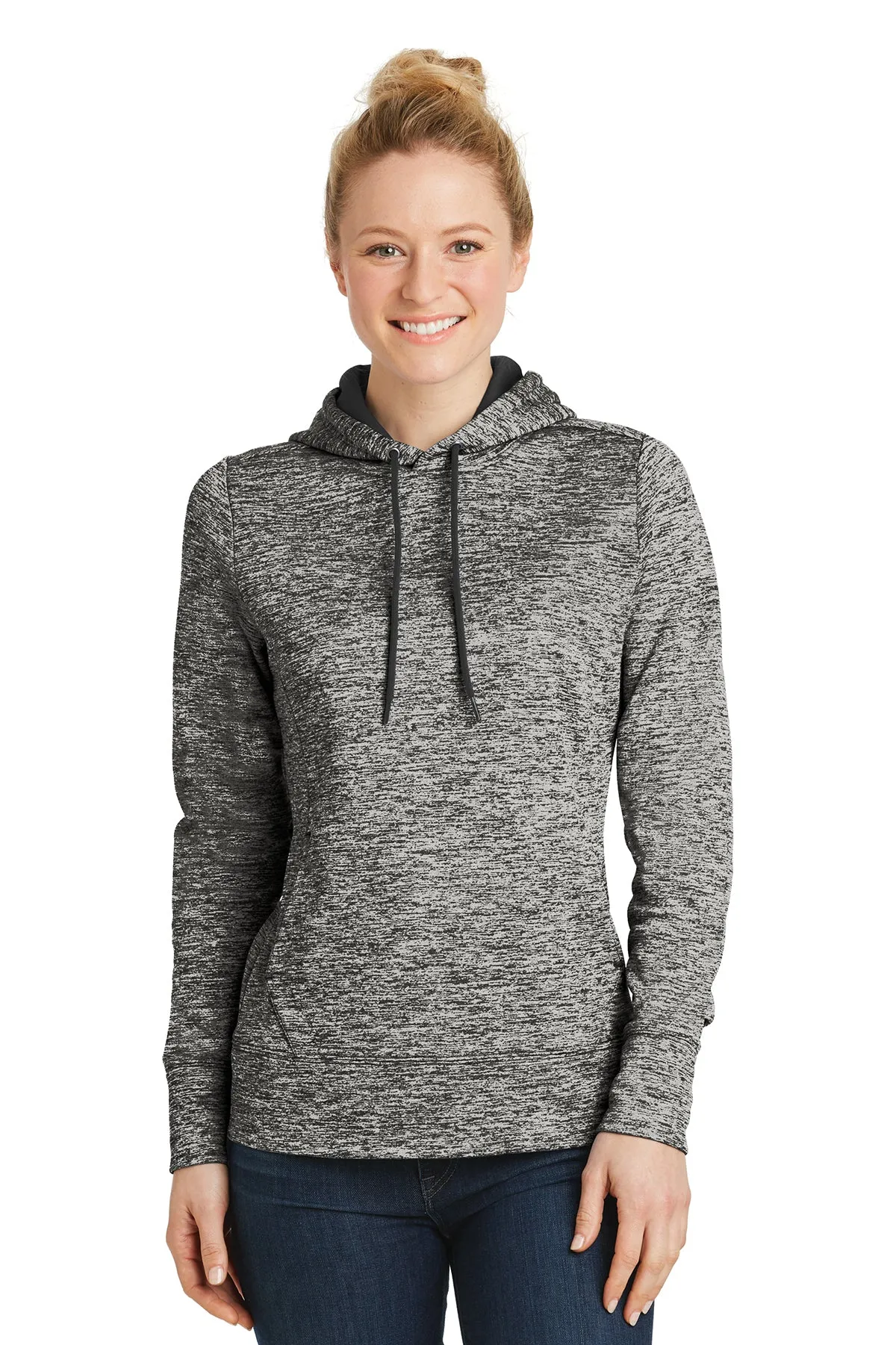 Sport-Tek Ladies PosiCharge Electric Heather Custom Fleece Hooded Pullovers, Black Electric