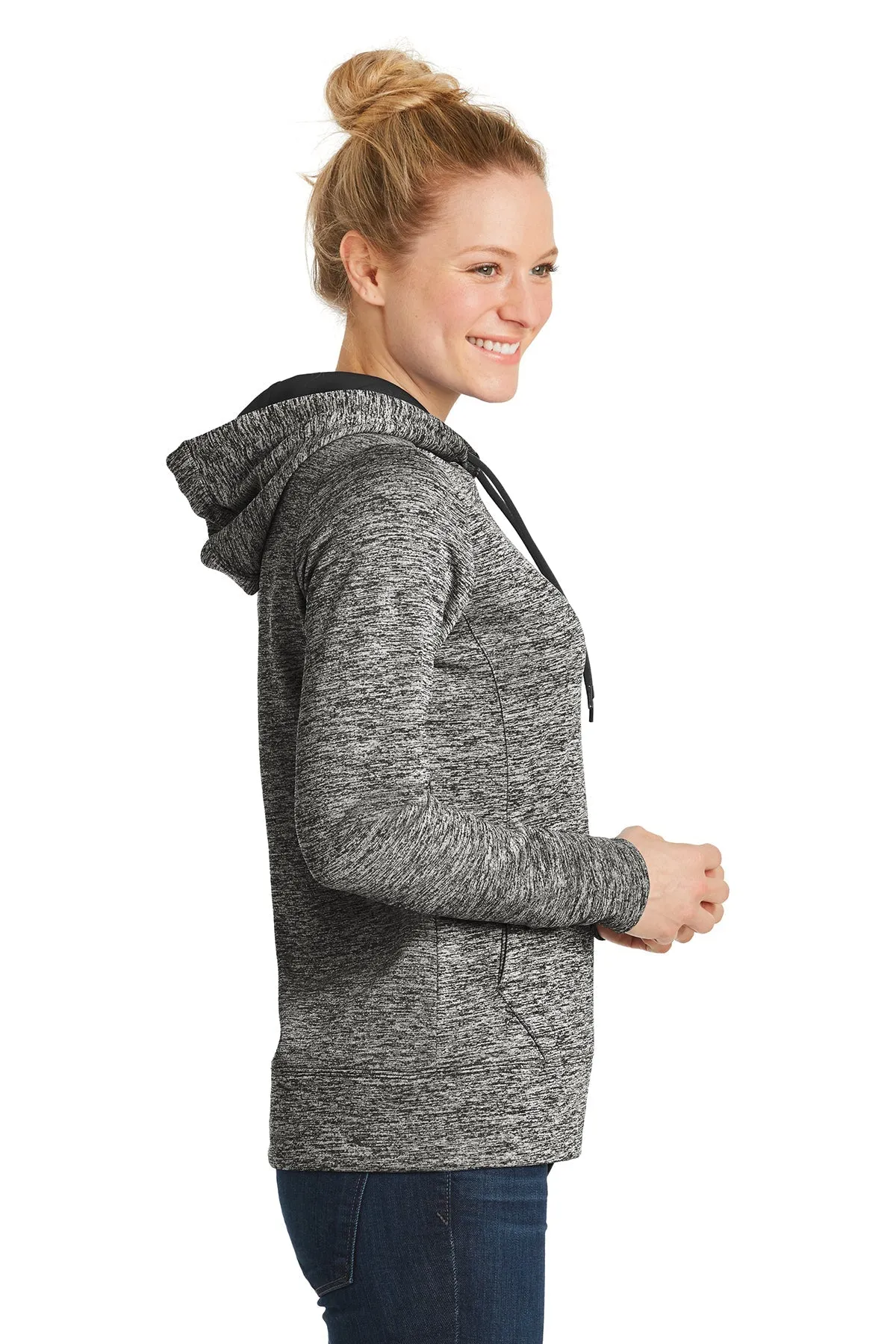 Sport-Tek Ladies PosiCharge Electric Heather Custom Fleece Hooded Pullovers, Black Electric