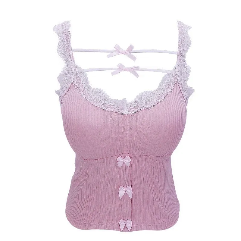 Summer Cute Y2k Pink Lace Bow Crop Top