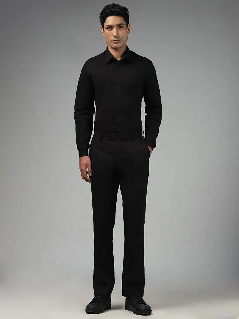 WES Formals Plain Black Cotton Blend Slim-Fit Shirt