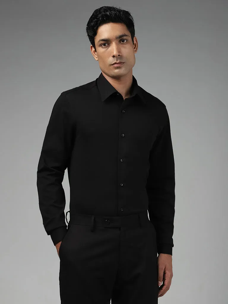 WES Formals Plain Black Cotton Blend Slim-Fit Shirt