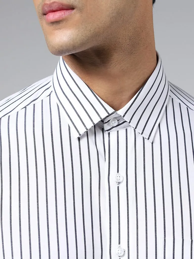 WES Formals White Striped Cotton Slim-Fit Shirt