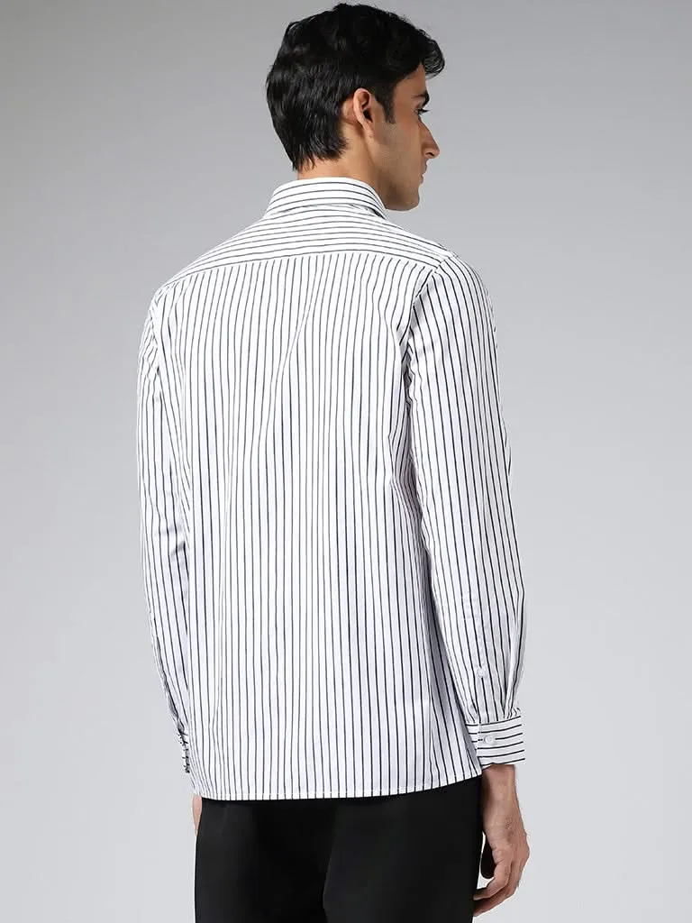 WES Formals White Striped Cotton Slim-Fit Shirt