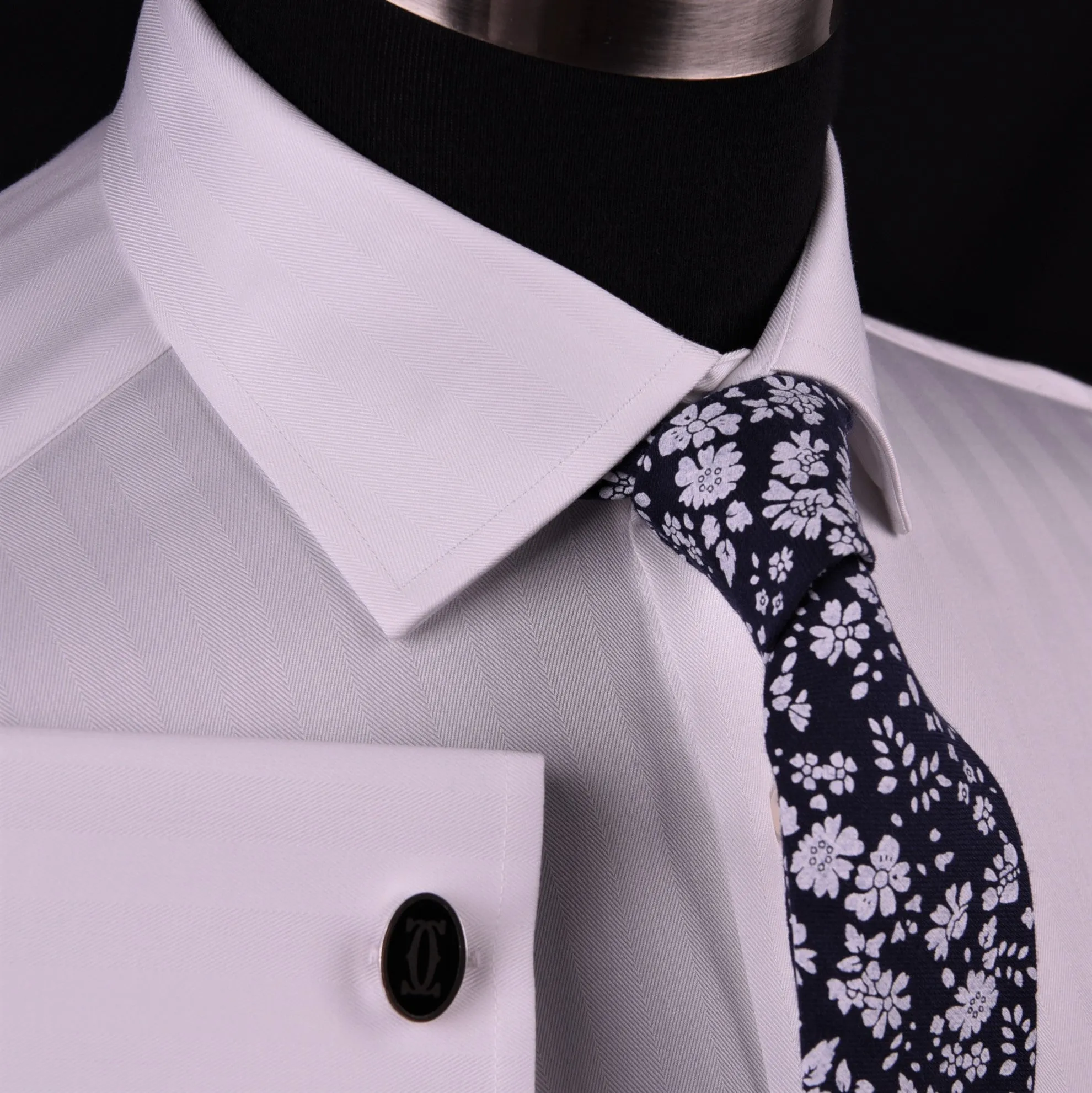 White Herringbone Formal Business Dress Shirt French Double Cuff Egyptian Cotton with Spread Cutaway Collar