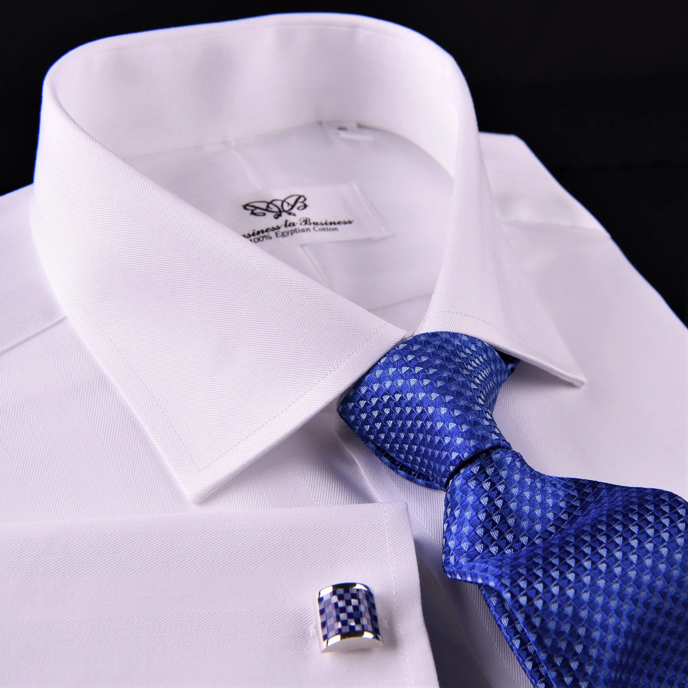 White Herringbone Formal Business Dress Shirt French Double Cuff Egyptian Cotton with Spread Cutaway Collar